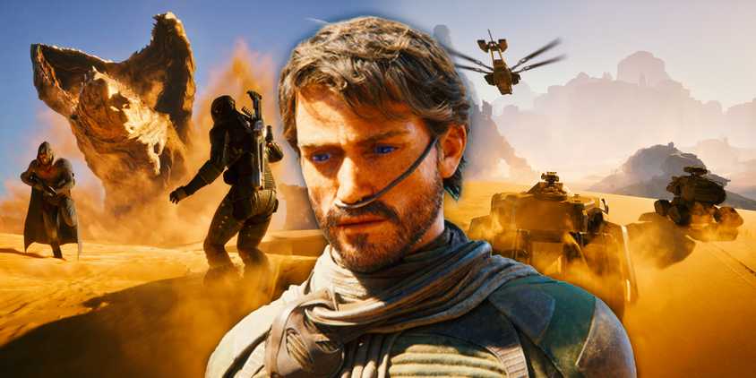 The main character from Dune awakening with sandworms and vehicles behind him.