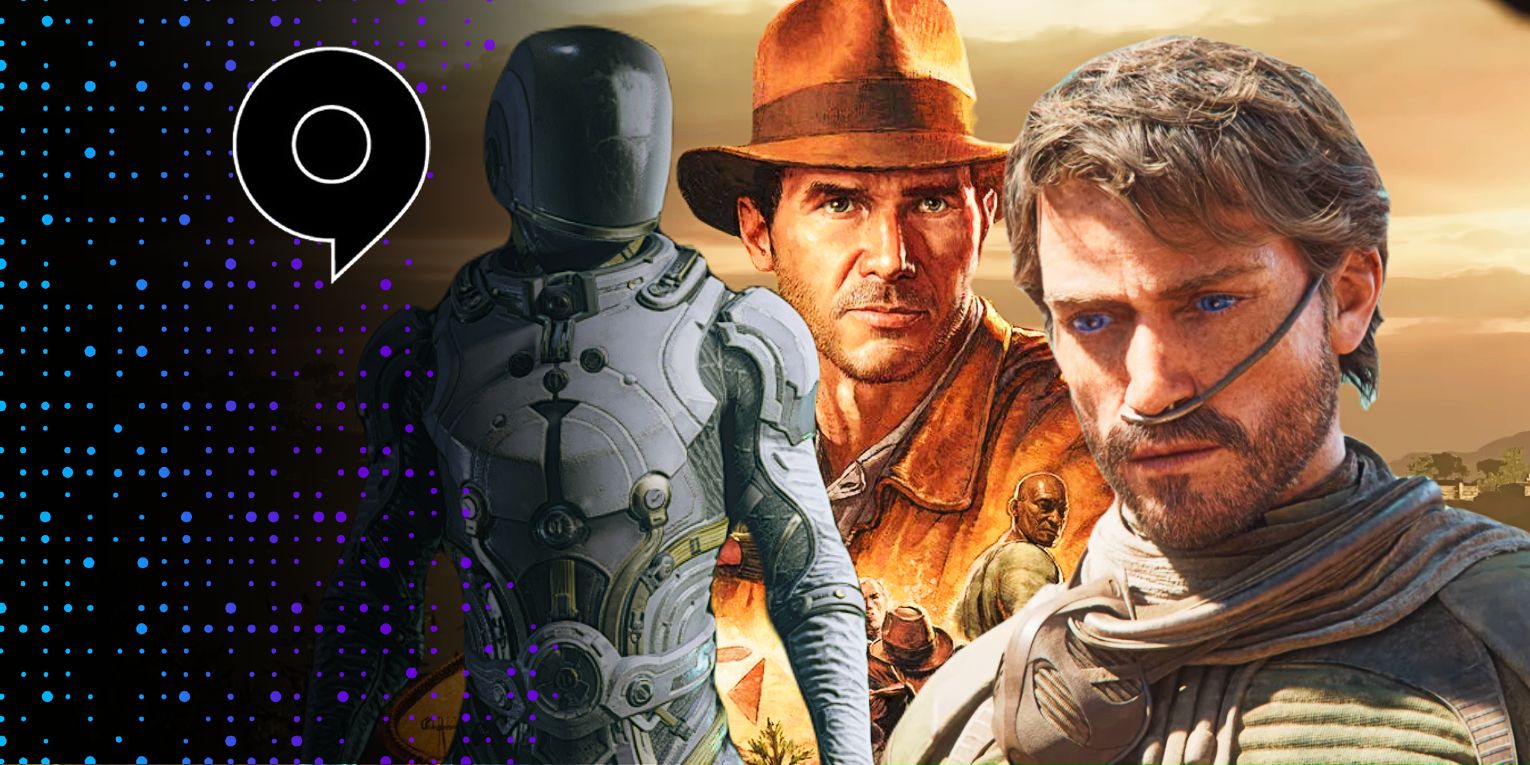 Un collage de imágenes de Starfield, Indiana Jones y Dune Awakening con el logo de Gamescom.