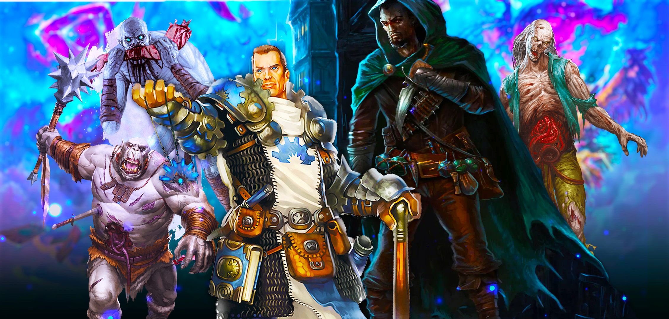 A D&amp;D cleric and rogue with some looming undead creatures behind them.