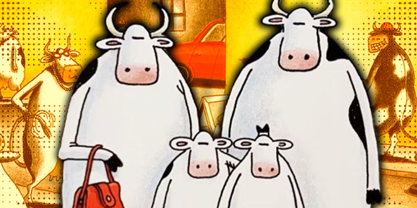 A Family of Cows Standing in front of Far Side Comics