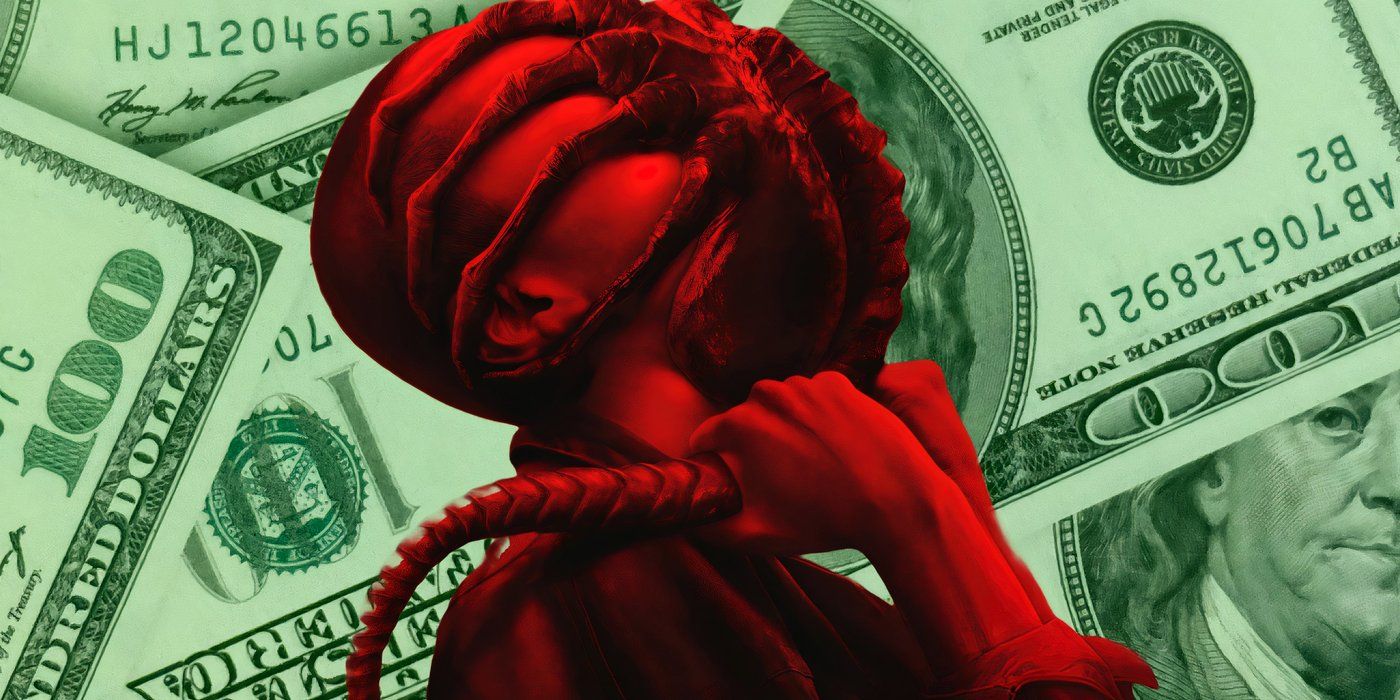 A Figure with a Facehugger from the Alien Romulus Poster in Front of Money