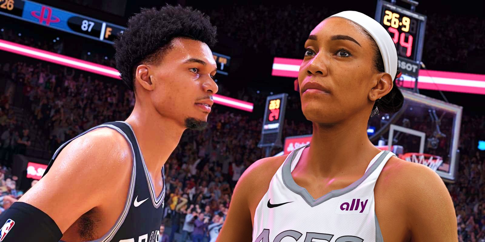 A'ja Wilson and another NBA 2k25 player on the court.