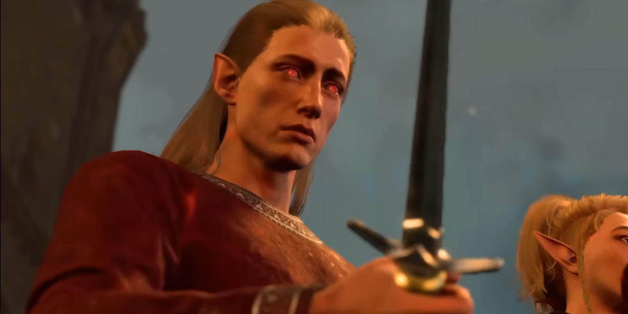 Un homme aux yeux rouges brillants tient un poignard dans Baldur's Gate 3.