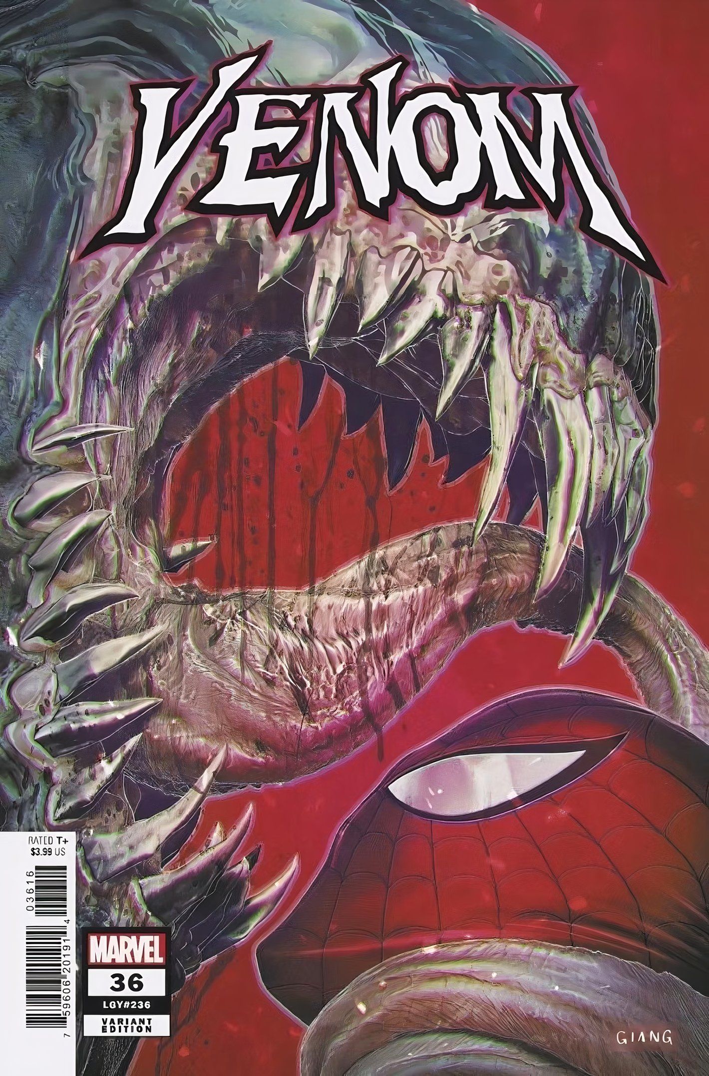 Um Venom monstruoso tem o Homem-Aranha enrolado em sua língua, preparando-se para comer o herói.