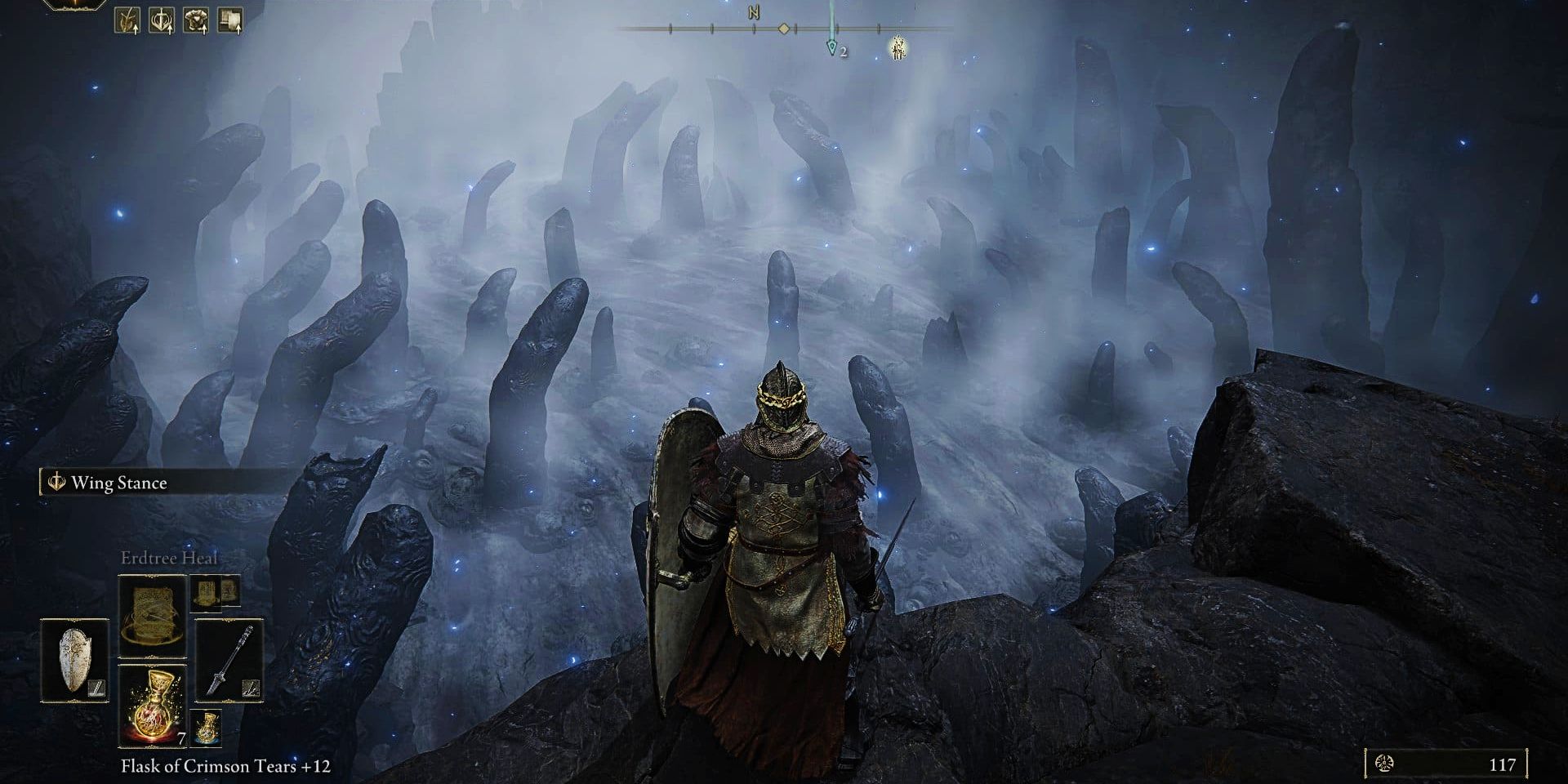 Um personagem do jogador olha para um campo de dedos gigantes, cada um se curvando em direção a algum ponto central envolto em neblina, em uma captura de tela de Elden Ring.