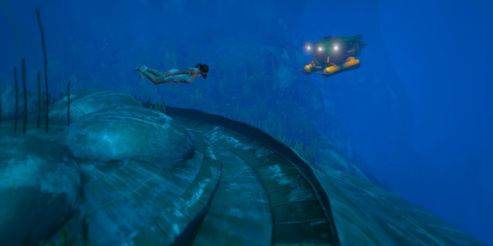 A player character swimming next to a small submersible and a ruined UFO in a screenshot from GTA 5.