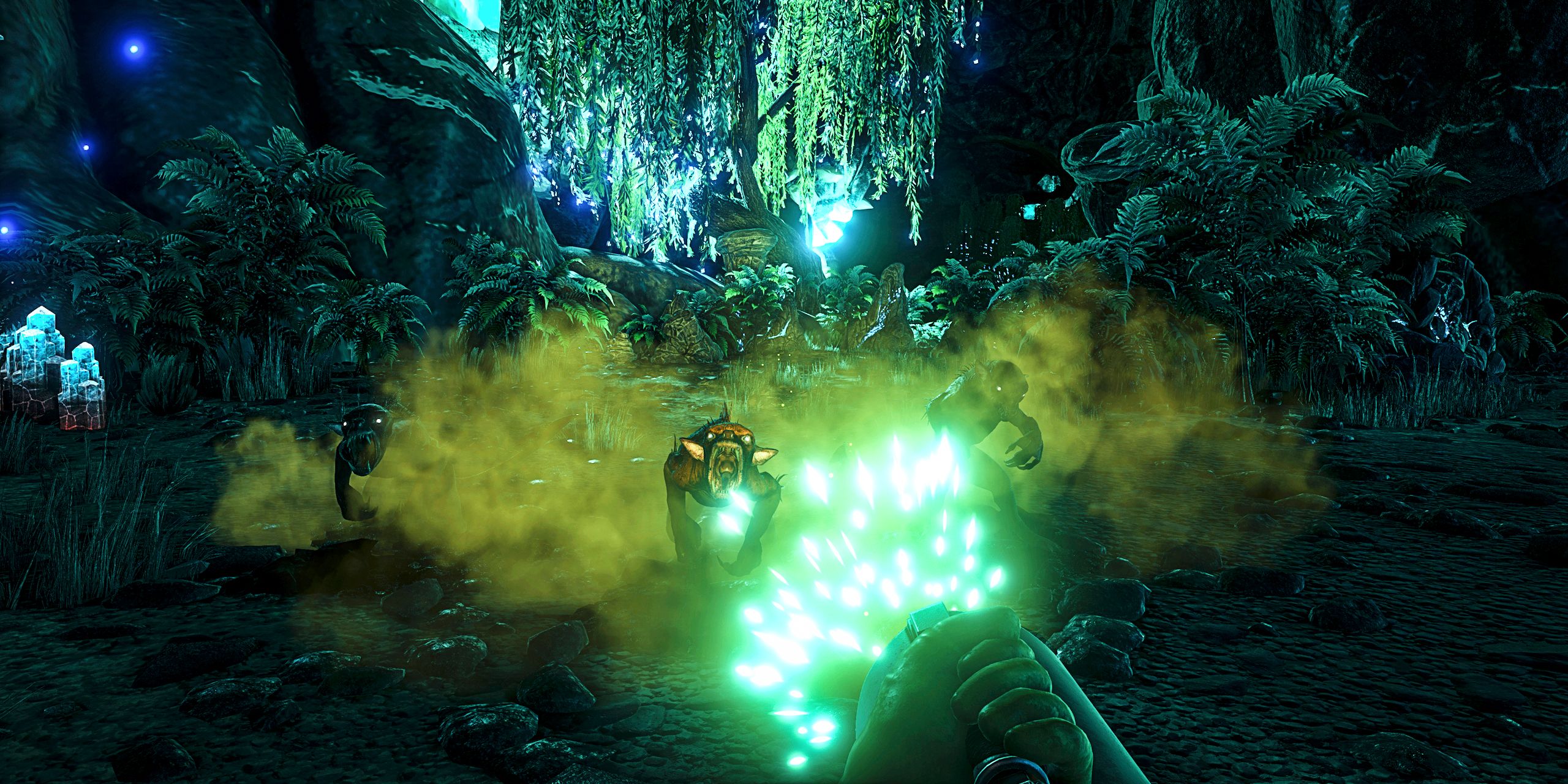 Um jogador dispara uma arma verde brilhante contra uma horda de criaturas em uma captura de tela do ASE Aberration.