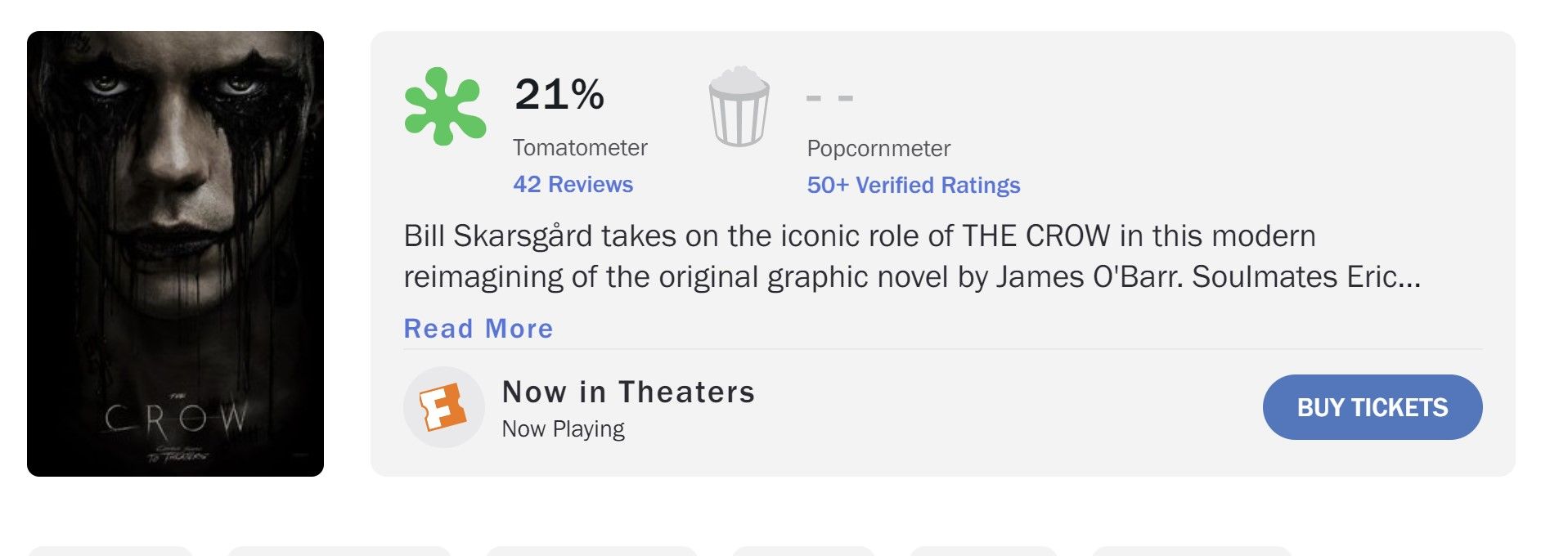 A screenshot of The Crow 2024 Rotten Tomatoes Score debut