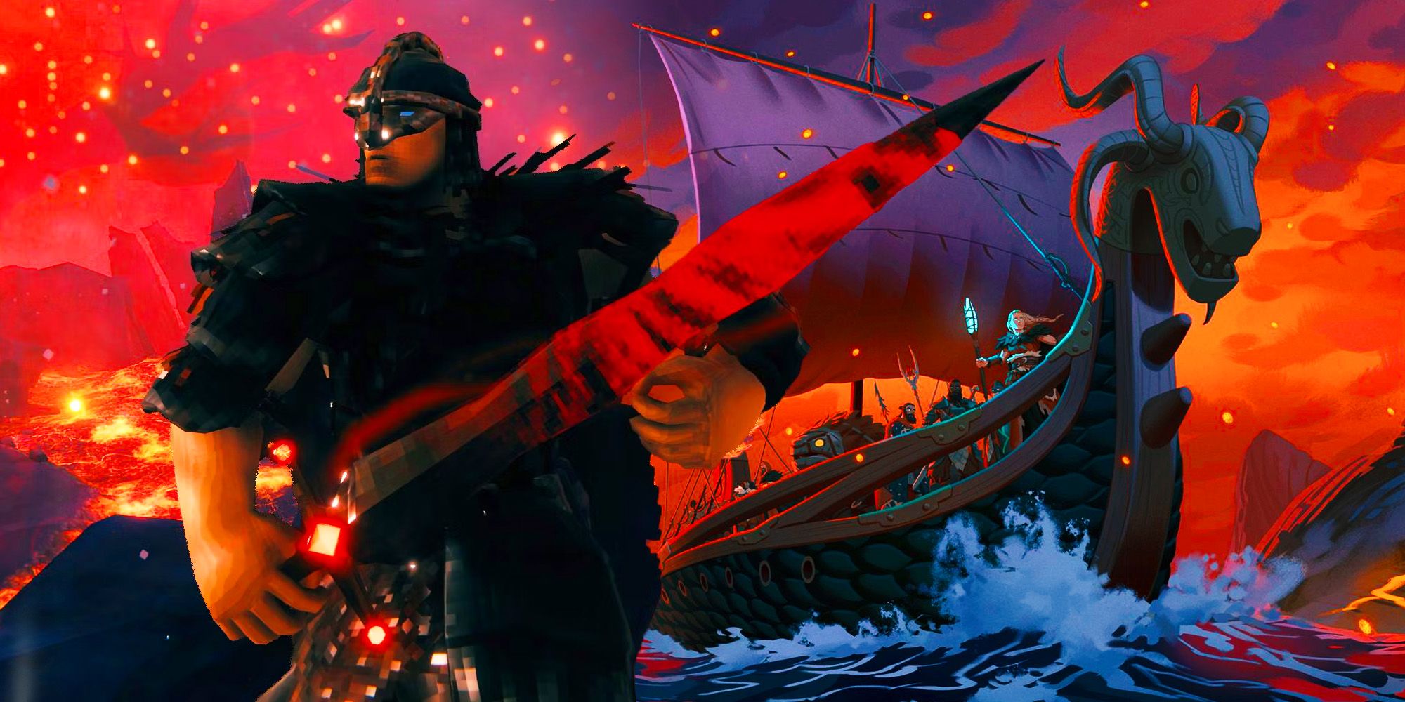 A Valheim viking with a boat from Ashlands.