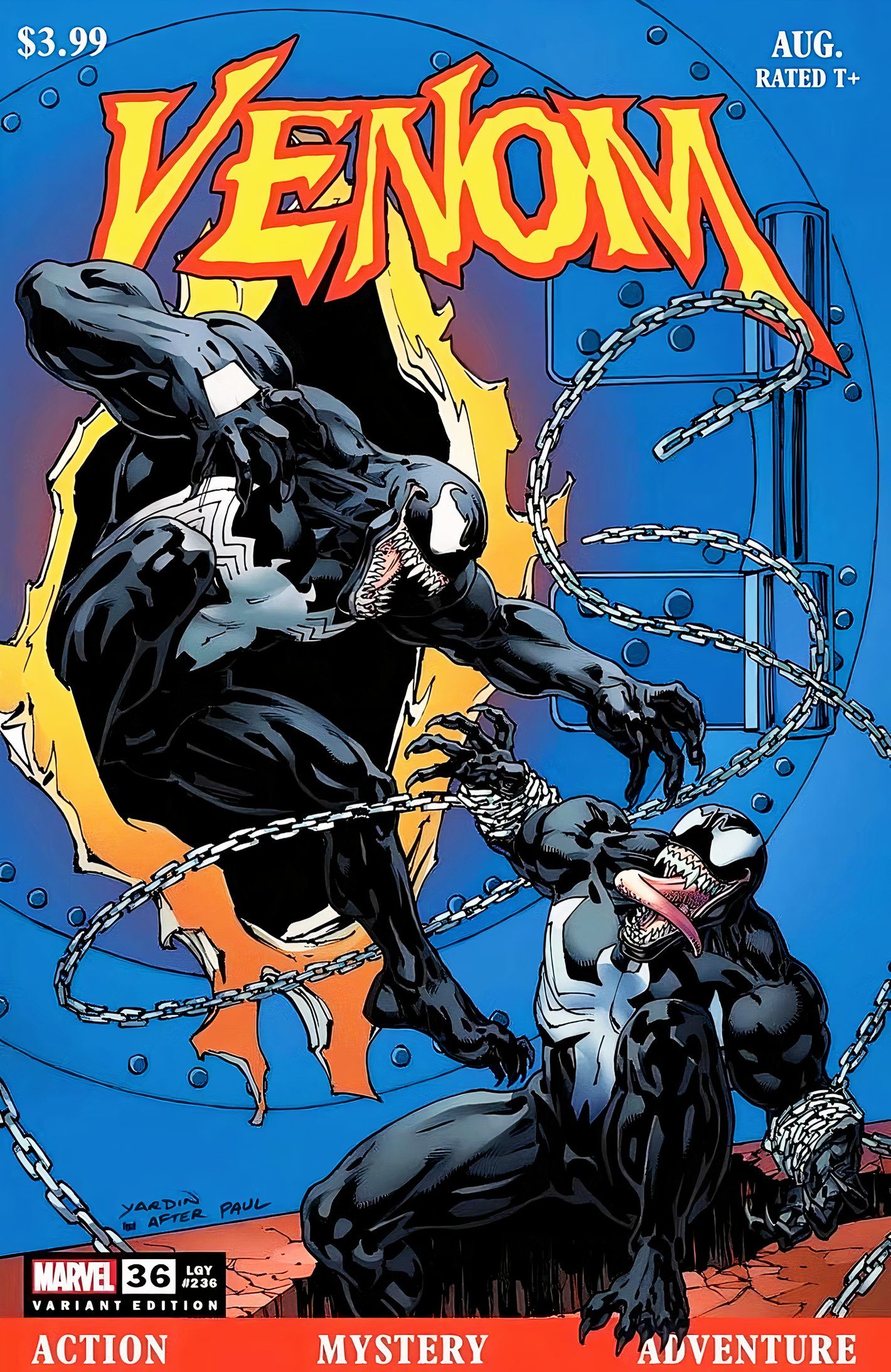 Uma versão do Venom irrompe de um portal, pronta para atacar outro Venom.