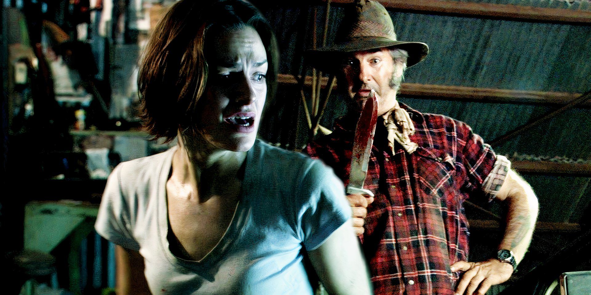 A young woman looking terrified while Mick Taylor holds up a bloody knife in Wolf Creek