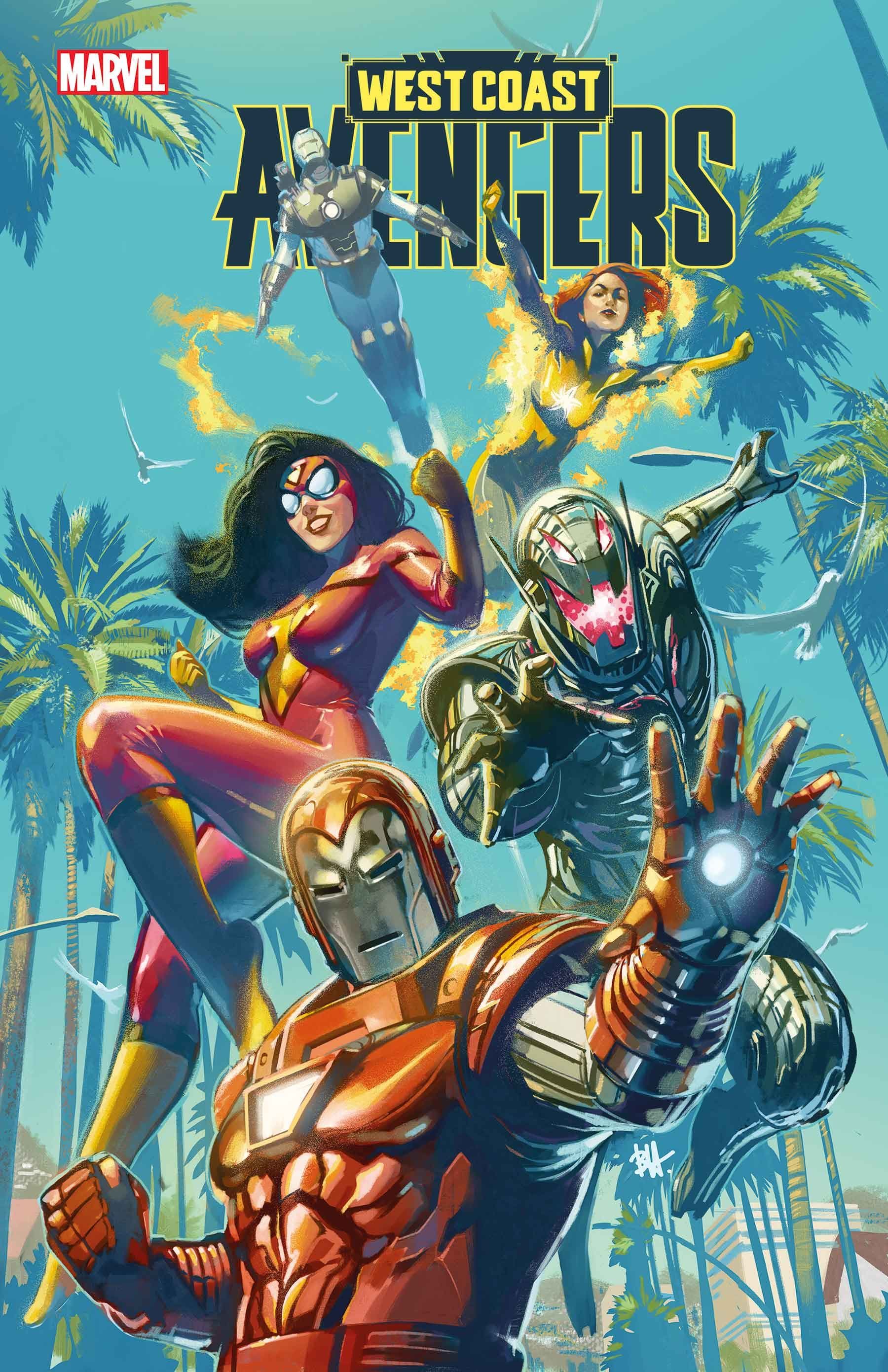 Capa de Ben Harvey's West Coast Avengers #1 com Homem de Ferro, Ultron, Mulher-Aranha, Firestar e Máquina de Combate