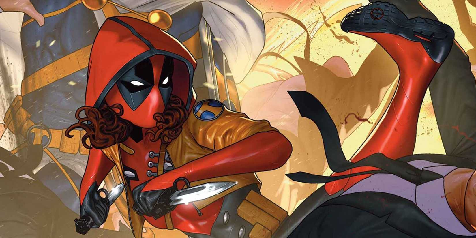 Comic book art: Deadpool’s daughter Ellie fighting as Deadpool.
