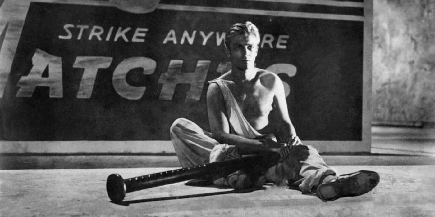 The Incredible Shrinking Man the actor sits with a nail that now looks the same size as him