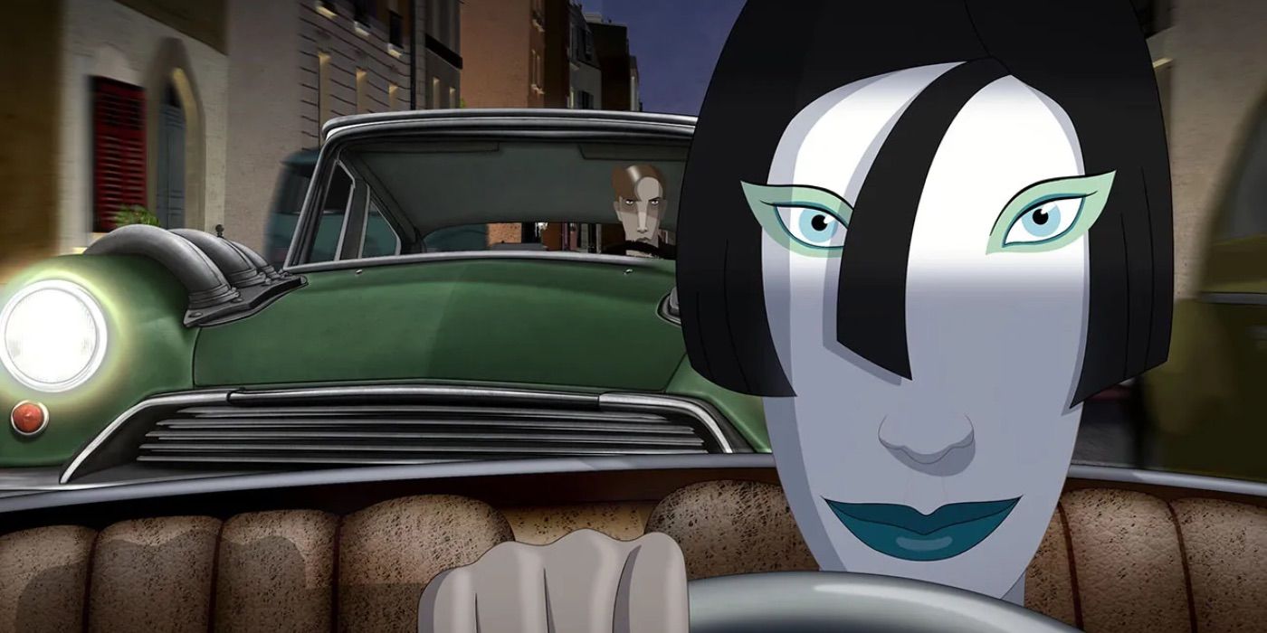 a person drives a car while someone follows behind in Ruben Brandt, Collector