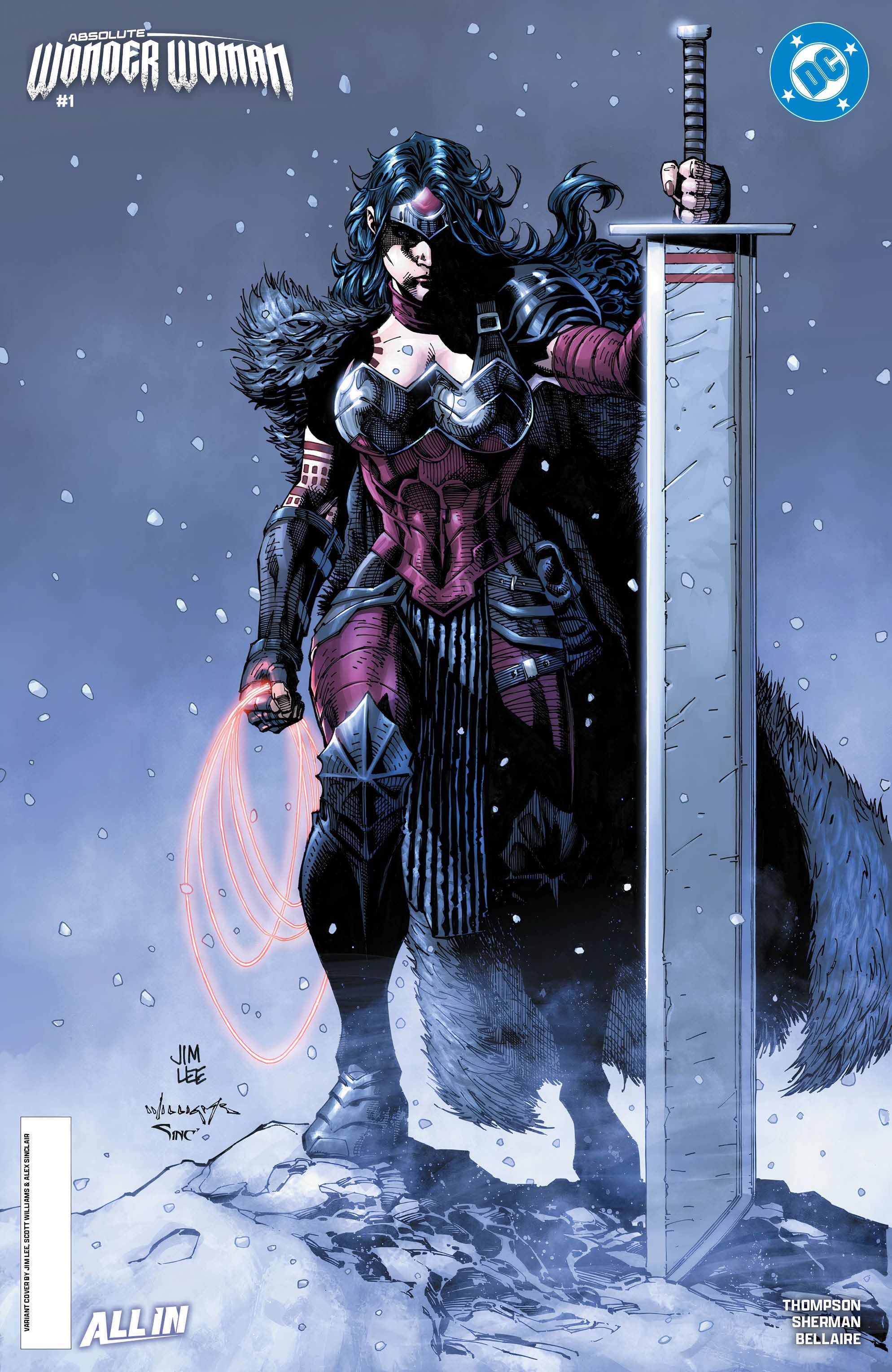 Absolute Wonder Woman Lee Variant Cover: Absolute Wonder Woman parada na neve com sua espada e laço na mão.