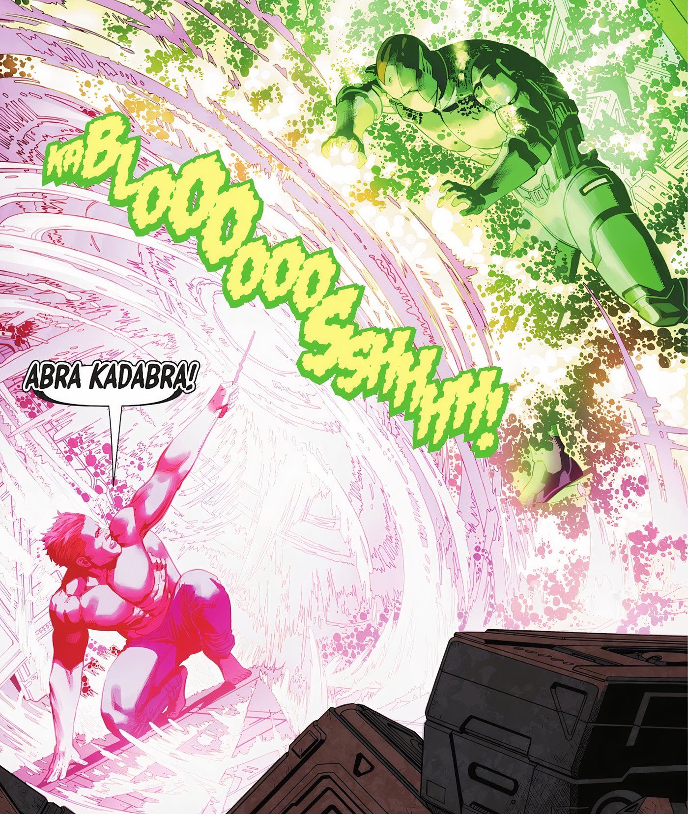 Um painel de Lanterna Verde #14 onde Hal Jordan usa a varinha de Abra Kadabra para lutar contra um dos Amazos de Amanda Waller.