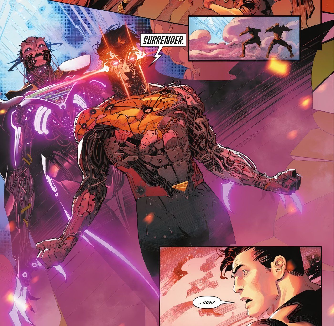 Absolute Power #2, Superman, cyborg Jon Kent and Braniac Queen.