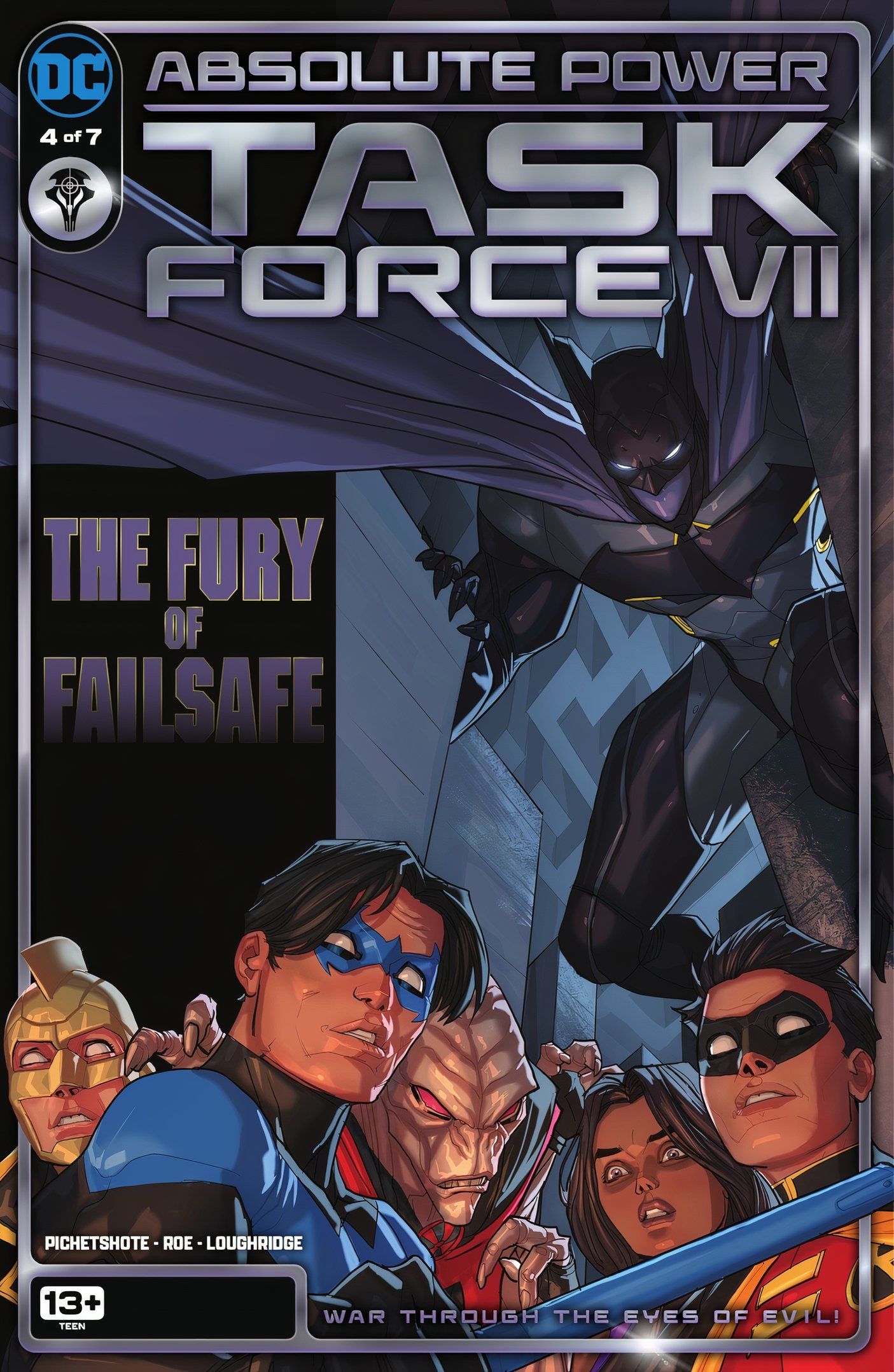 Absolute Power Task Force VII 4 Main Cover: Failsafe looms over Nightwing, Robin, and their superhero allies.