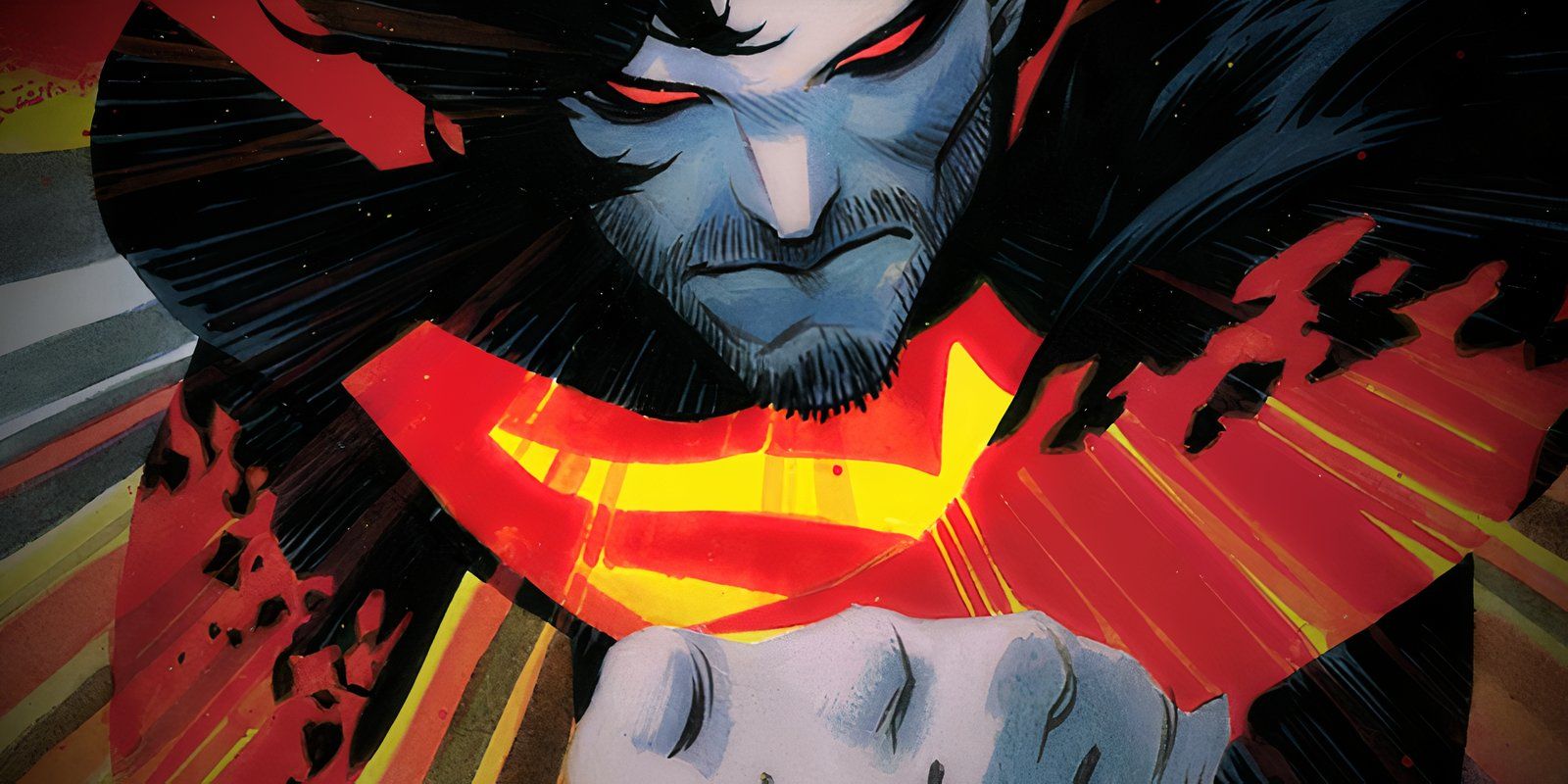 Arte del cómic: Superman absoluto envuelto en la oscuridad con ojos rojos brillantes.