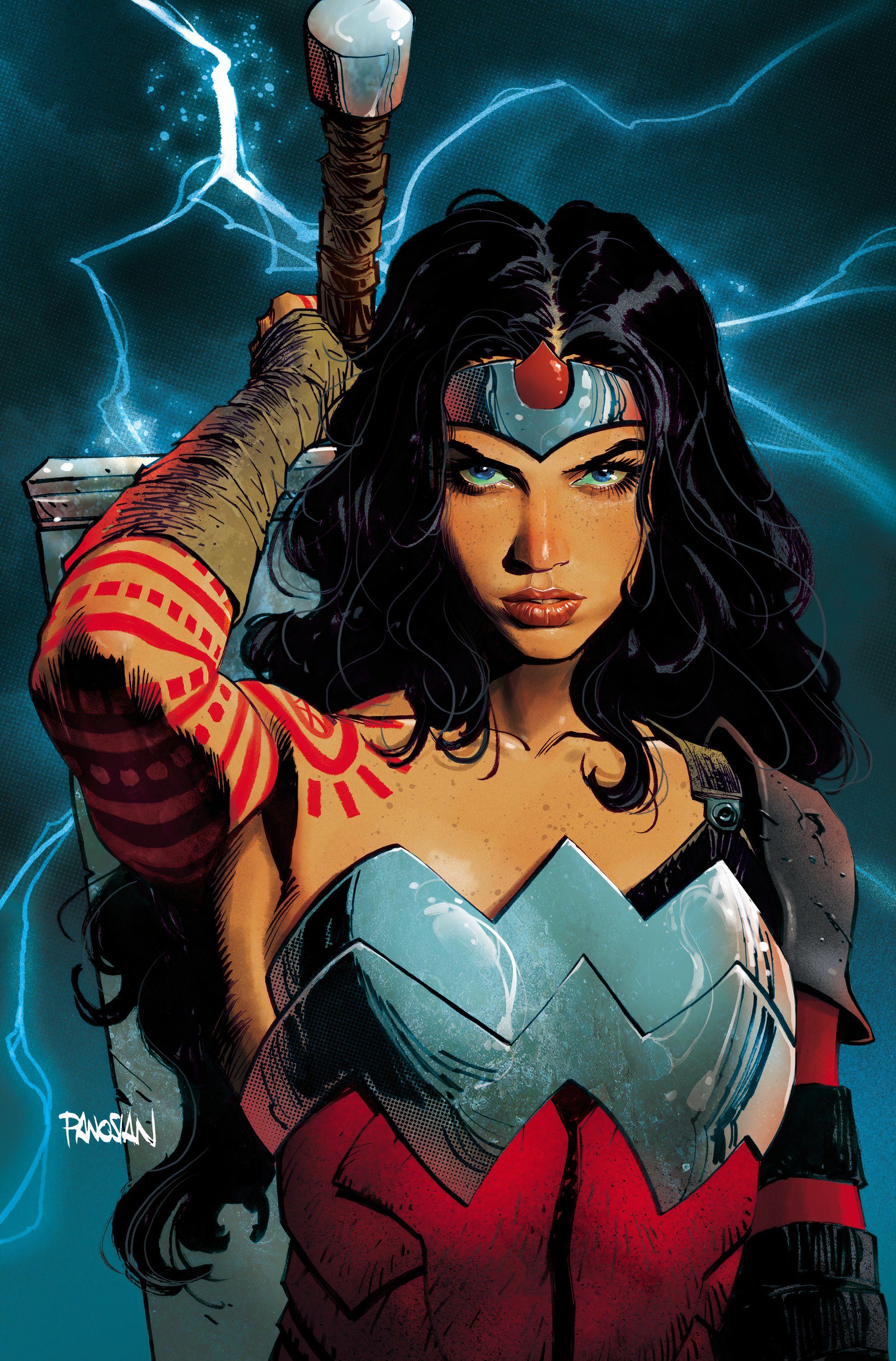 Portada variante panosiana de Absolute Wonder Woman: Absolute Wonder Woman con su espada detrás de ella.