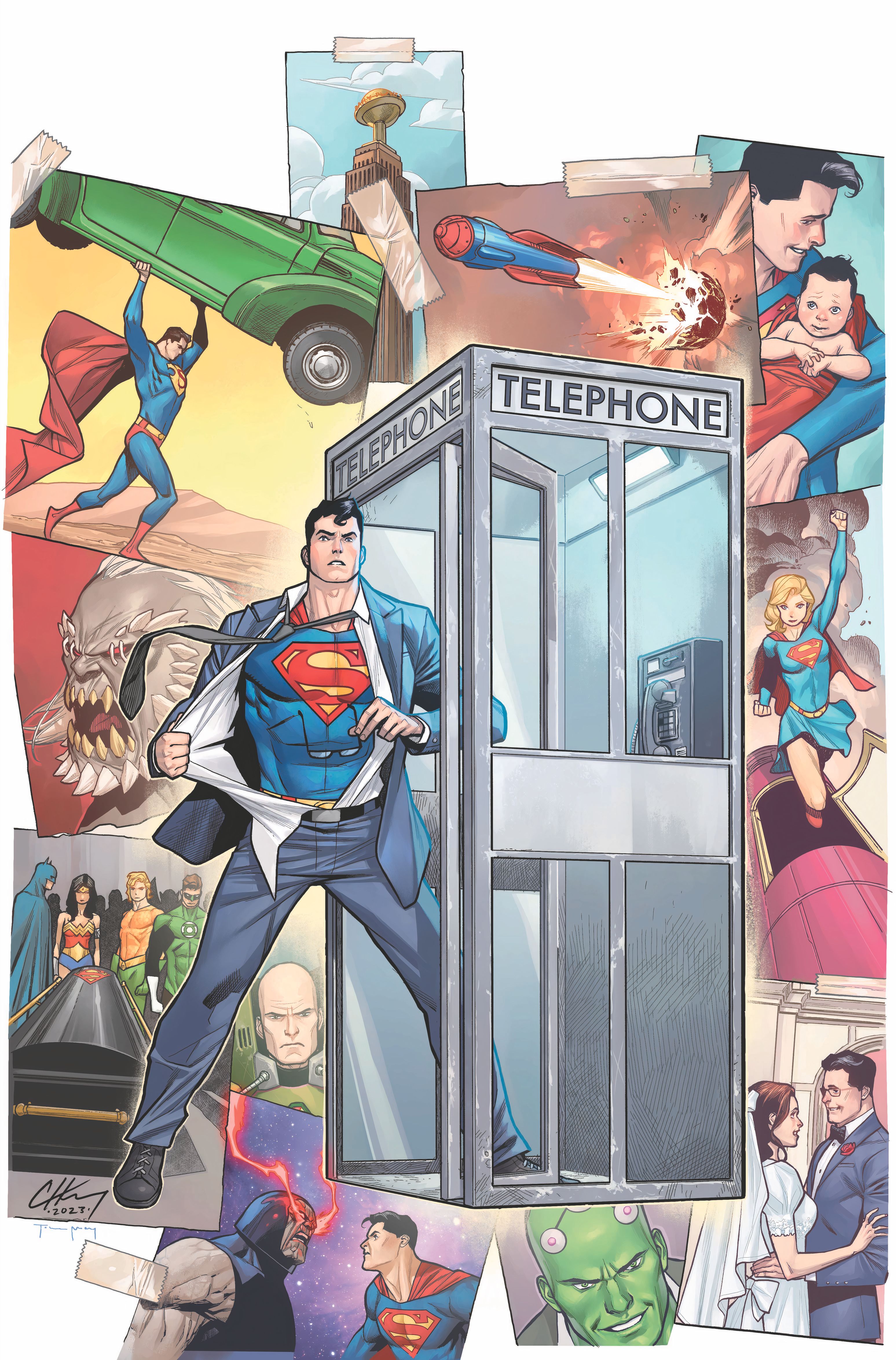 Action Comics 1075 Cover Superman enters the phone booth along with pictures of his story DC