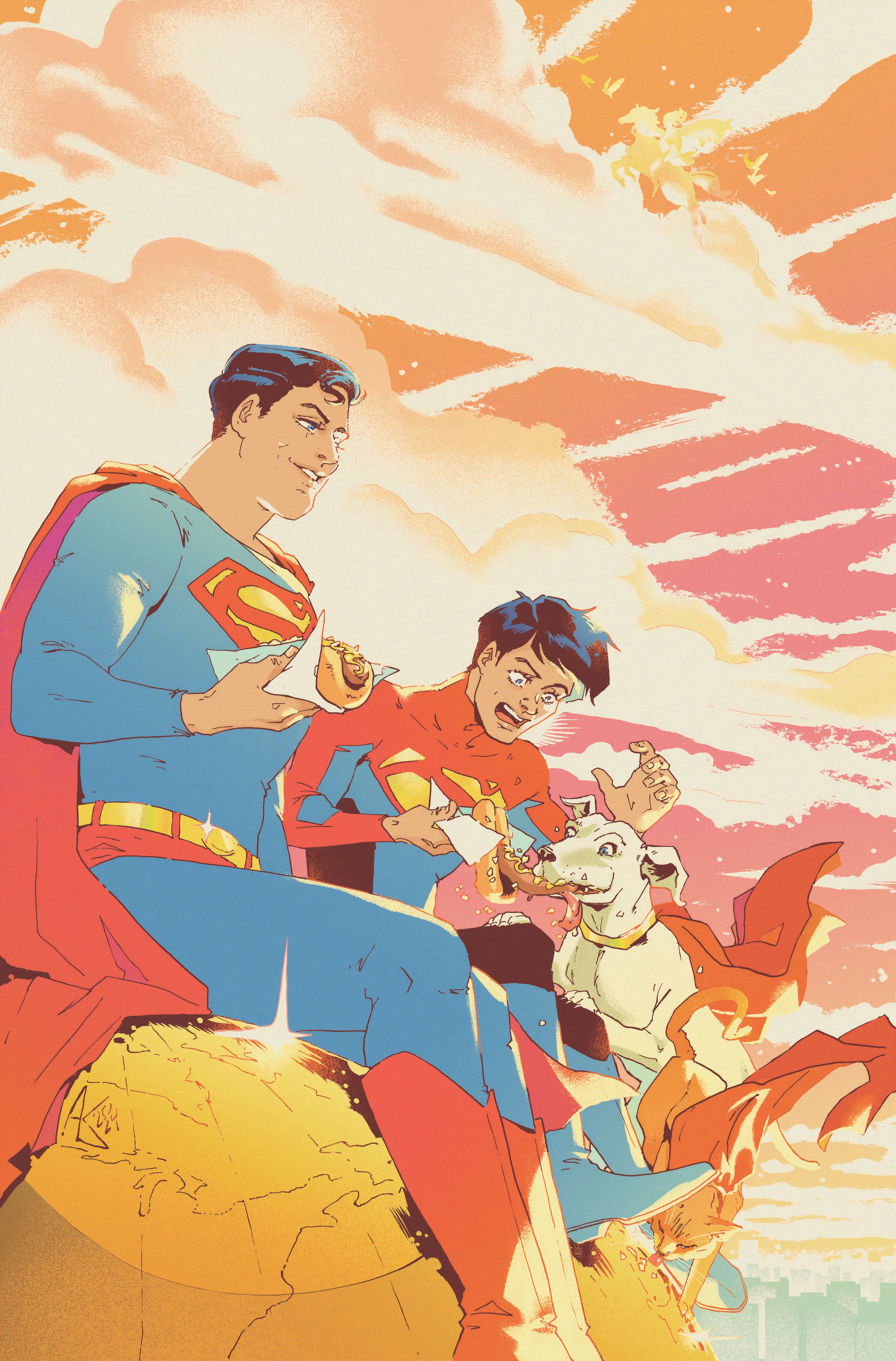 Action Comics 1077 Kaplan Variant Cover: Superman and his son John Kent enjoy hot dogs together while Krypto takes John's bite