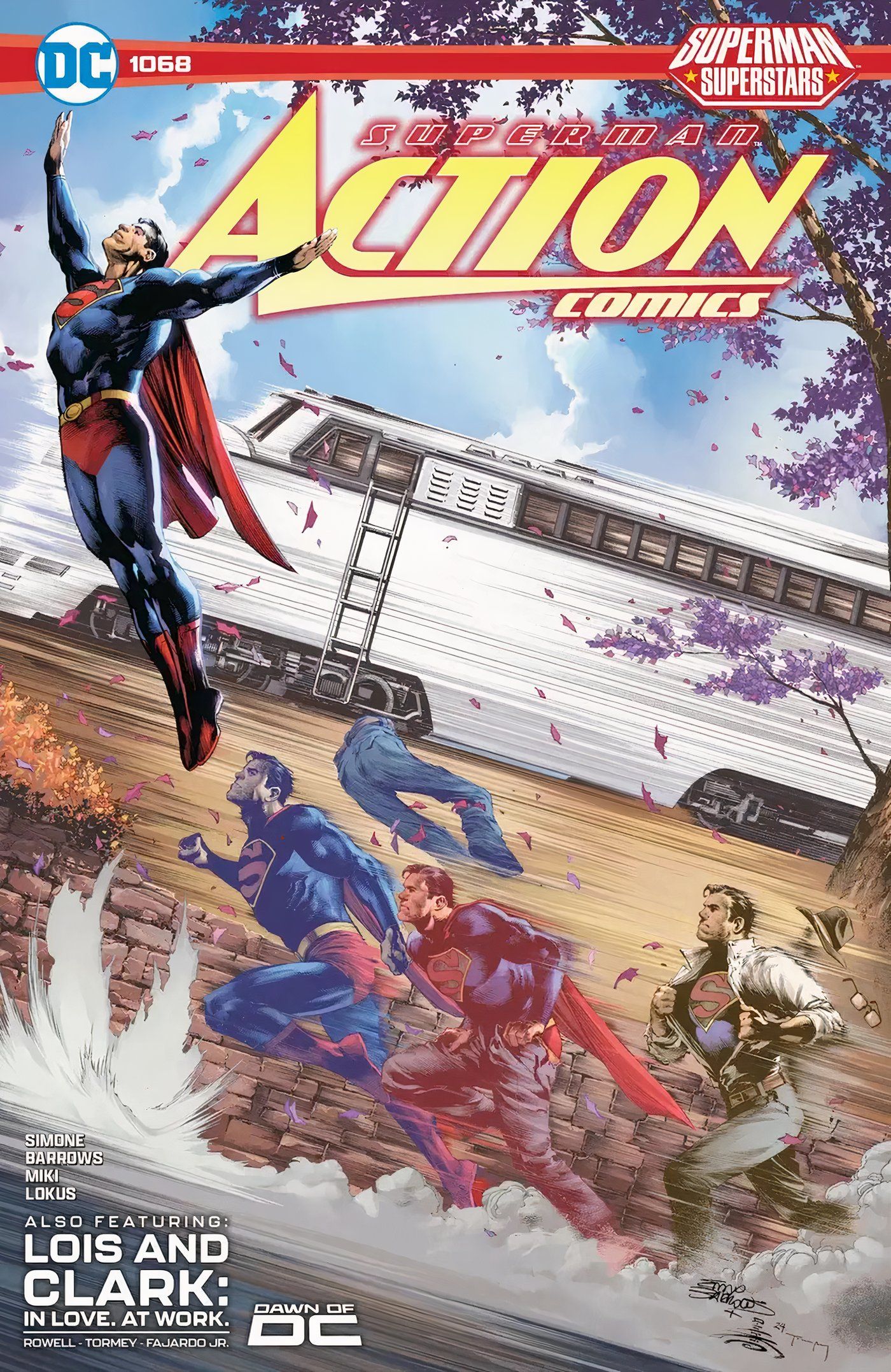 Action Comics 1068 Main Cover: Superman changes out of his civilian clothes while racing a train and takes flight as Superman.