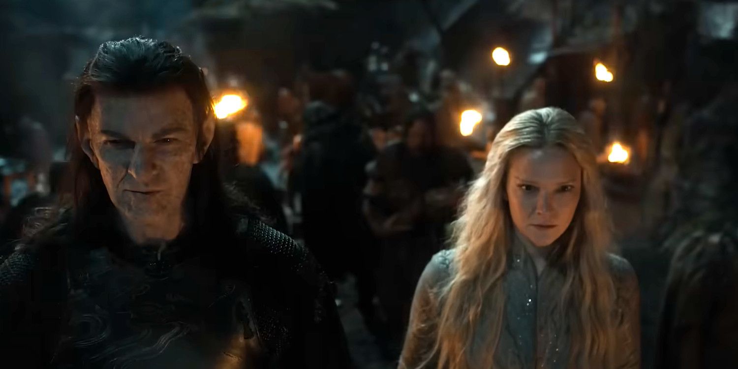 Adar and Galadriel standing together before an army in The Rings of Power season 2