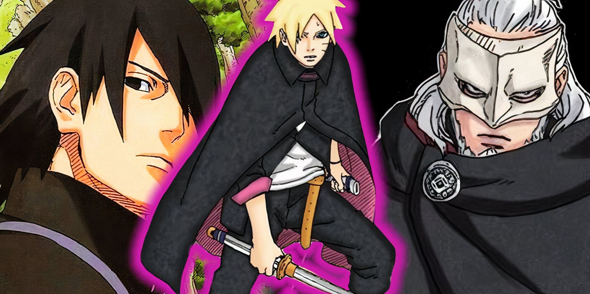 Adult Sasuke and Kashin Koji with a long-haired Boruto in the middle