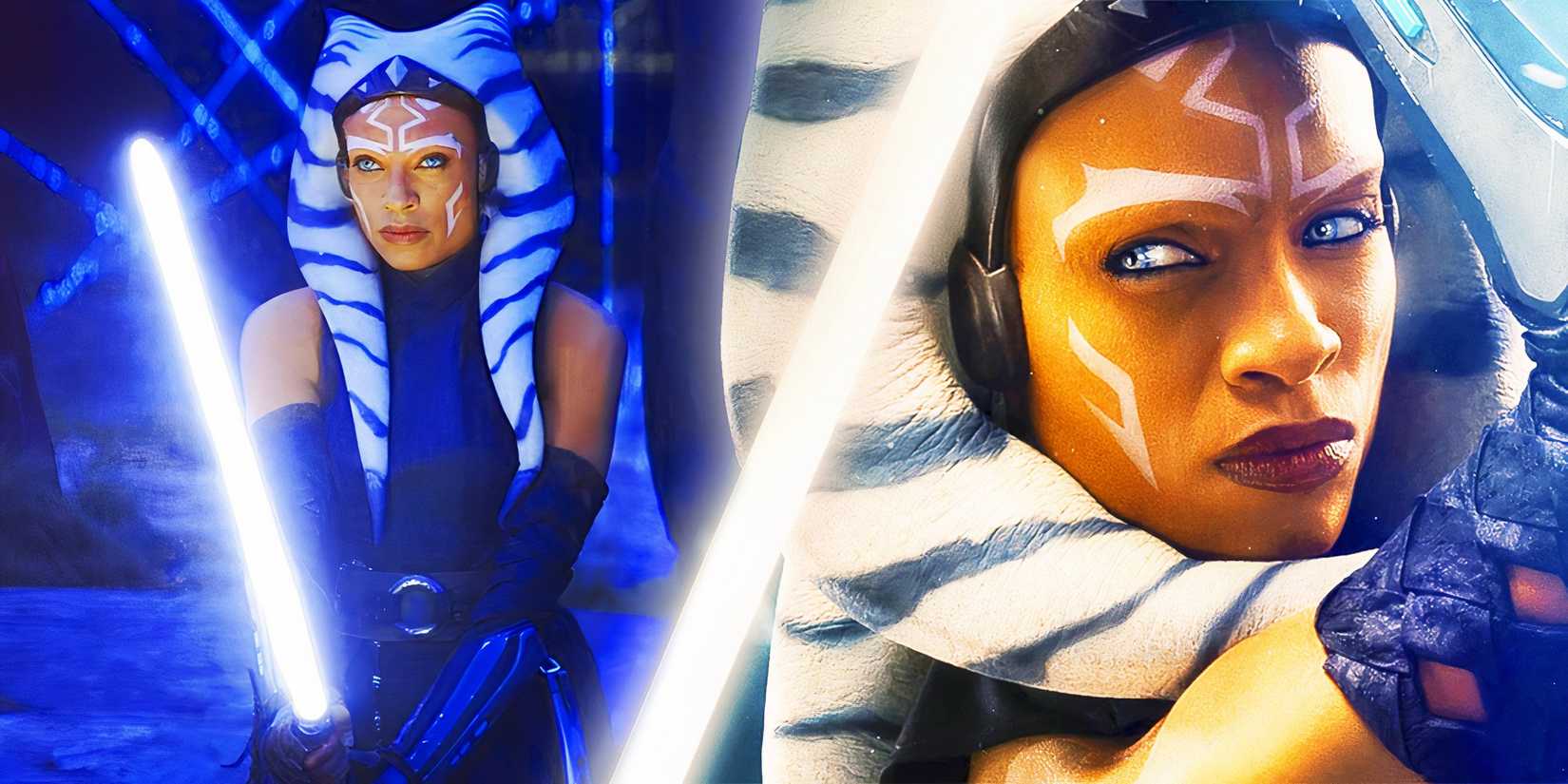 Rosario Dawson's Ahsoka Tano wields her lightsaber in the Ahsoka series, edited together