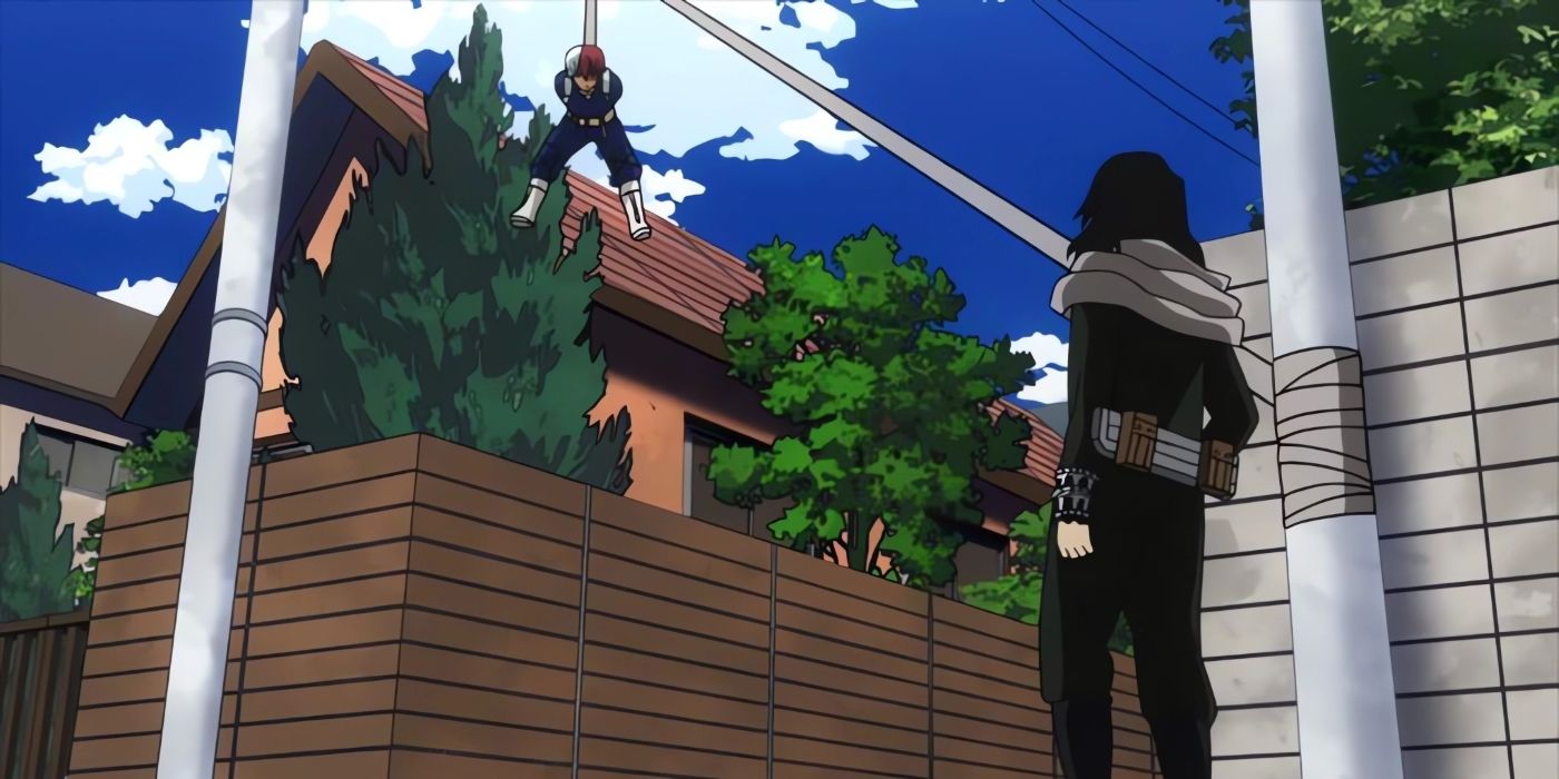 Aizawa using his capture weapon to incapacitate Todoroki.