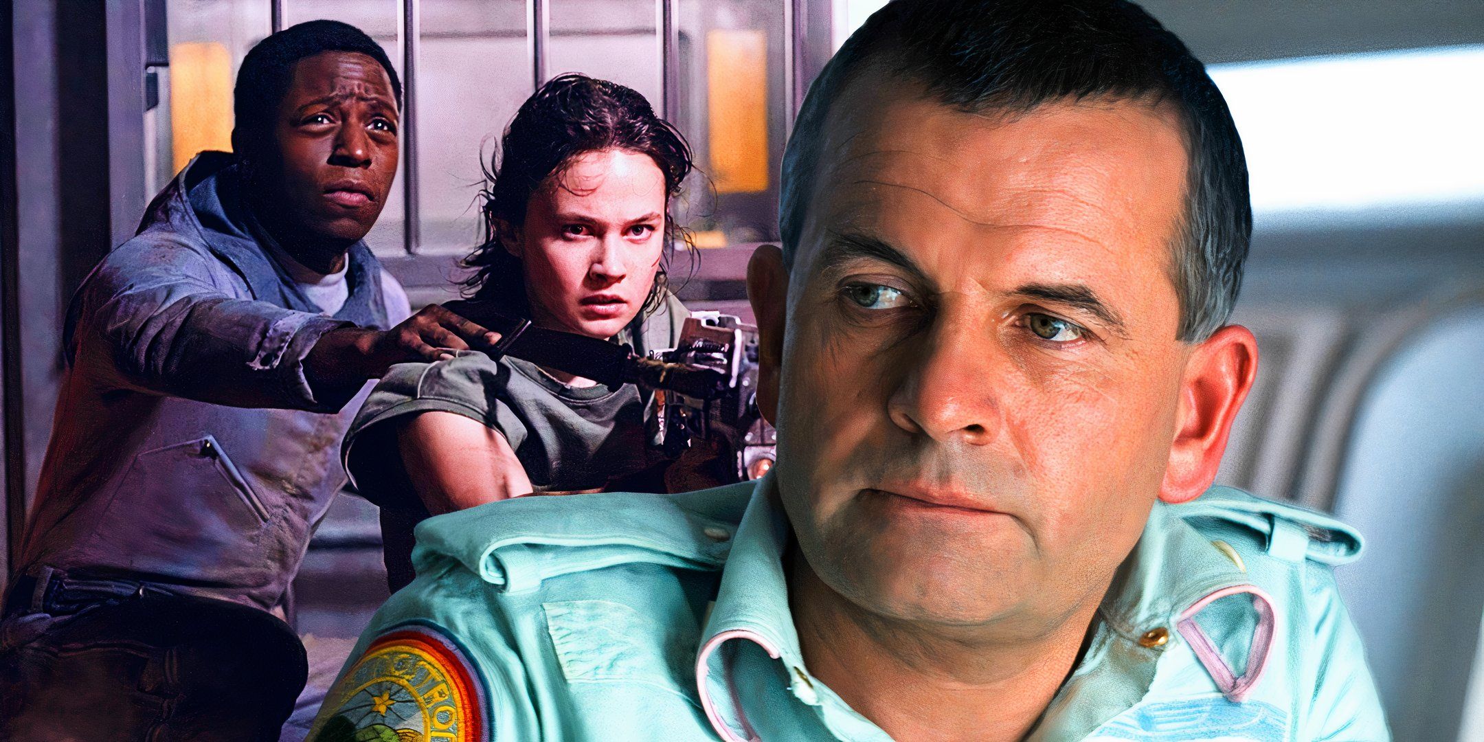 Andy (David Jonsson) e Rain (Cailee Spaeny) em Alien: Romulus e Ian Holm como Ash em Alien