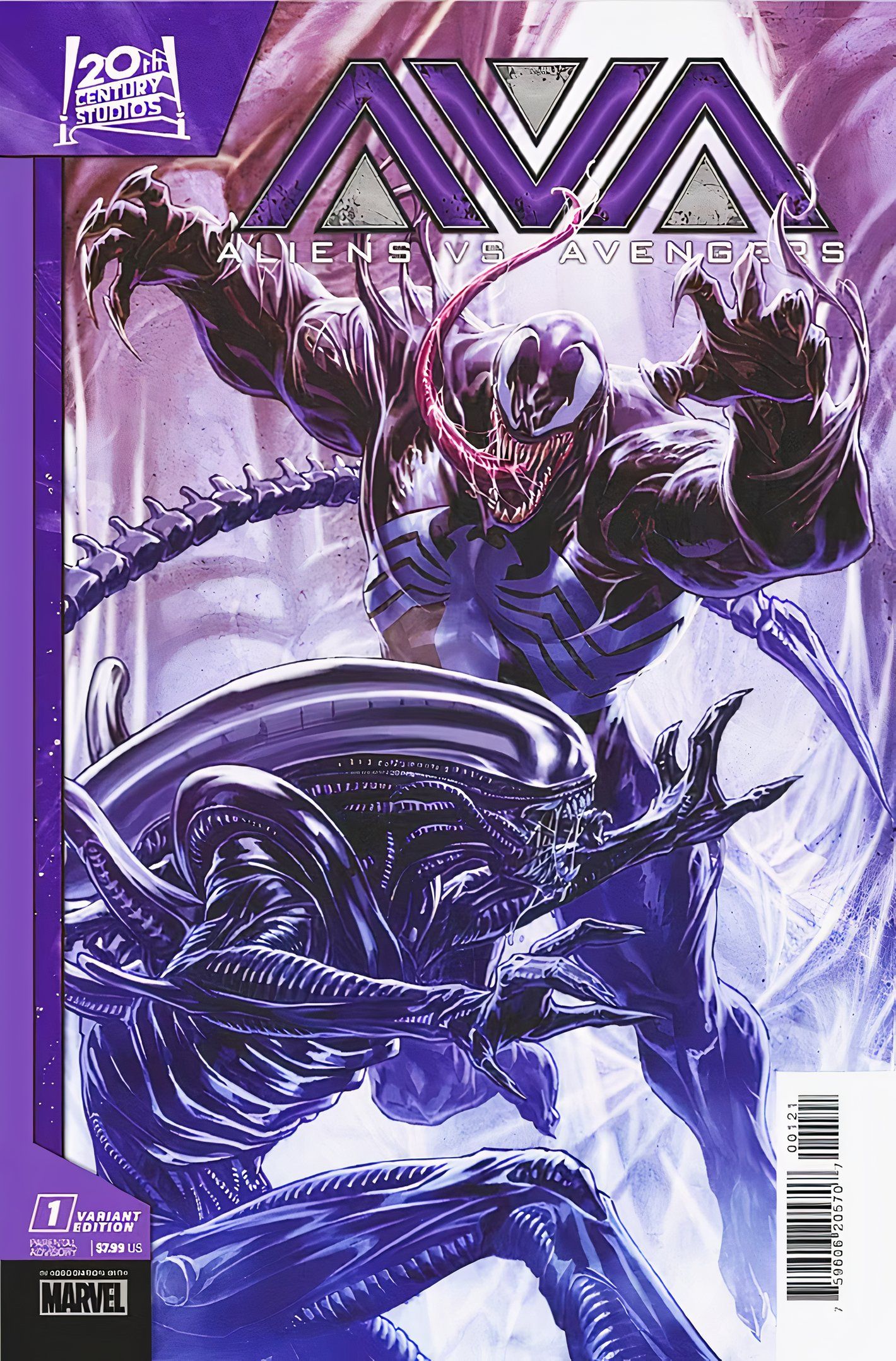 Capa variante de Aliens vs. Avengers # 1, Venom salta para a batalha contra um Xenomorfo.