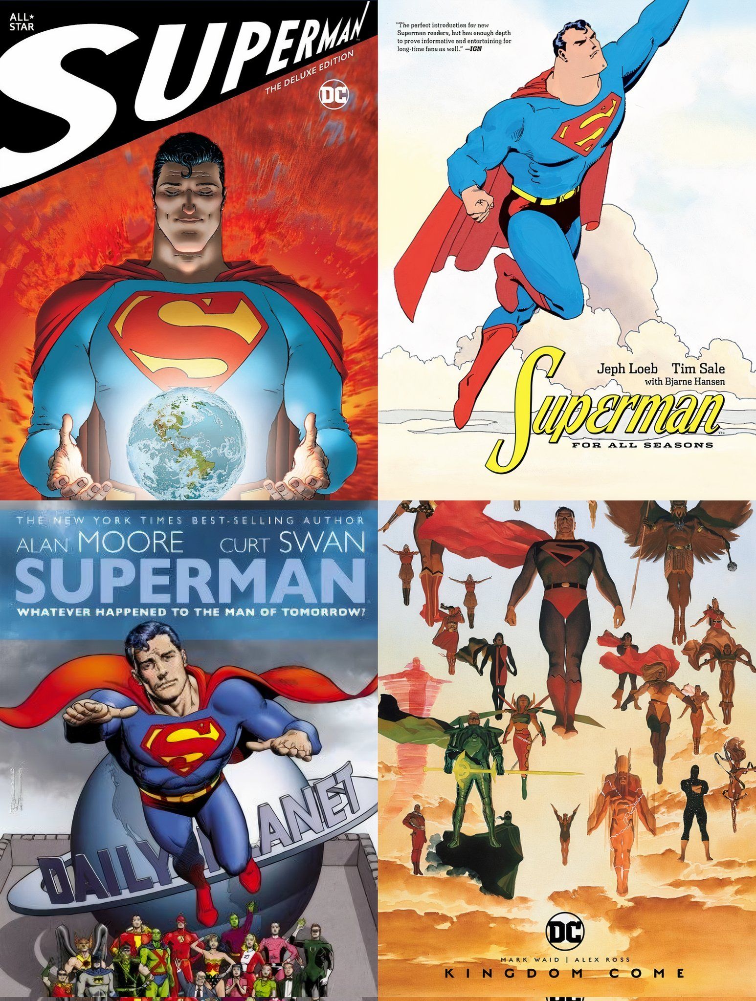 Capas de All Star Superman, Superman para todas as estações, Whatever Happened to the Man of Tomorrow e Kingdom Come