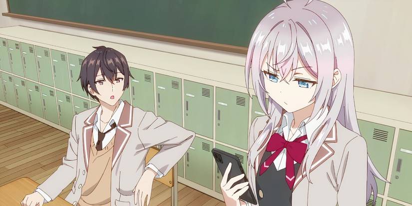 Alya looking at her phone as Kuze looks at her