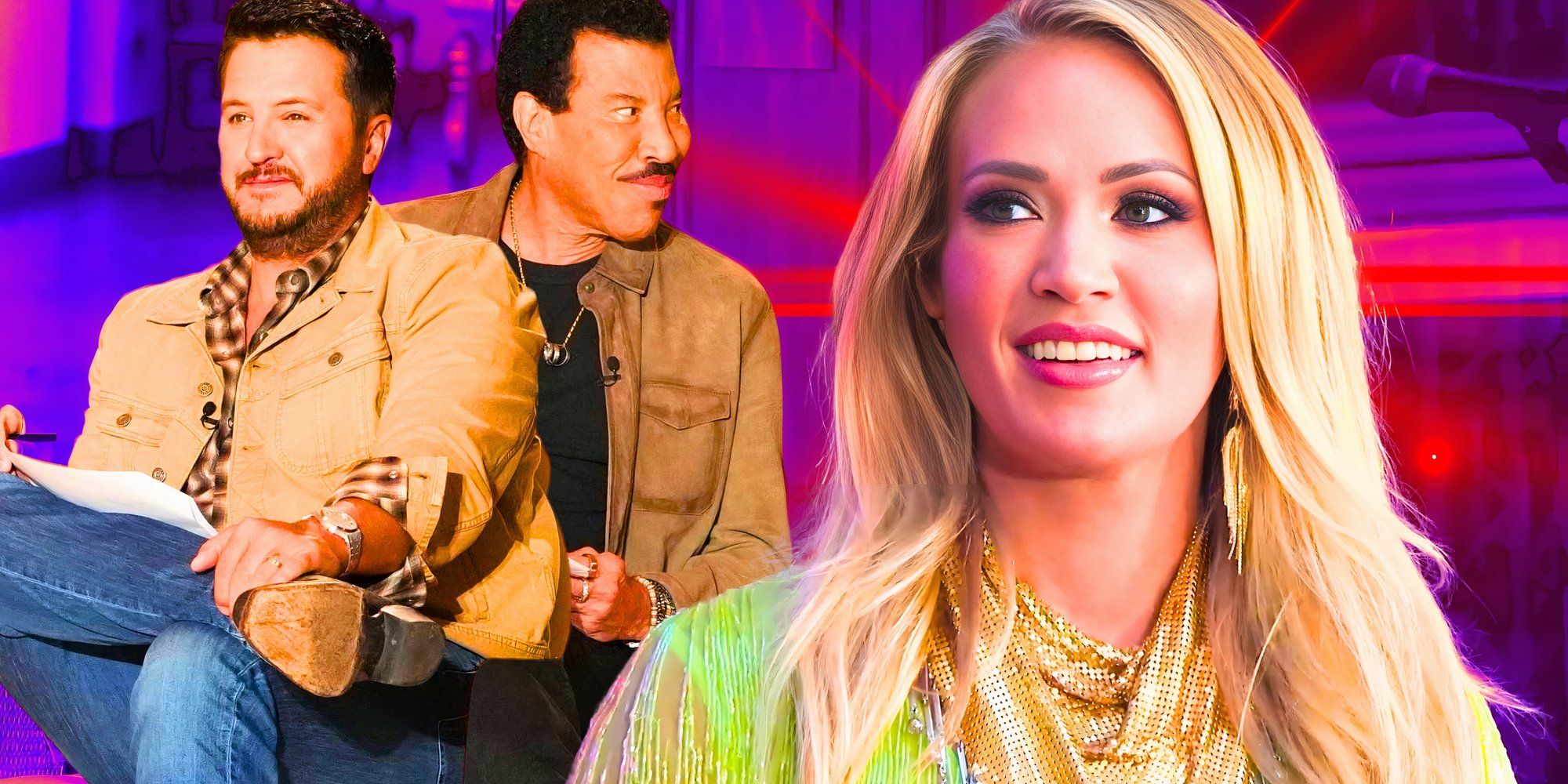 Carrie Underwood, estrela do American Idol, sorrindo com Luke Bryan e Lionel Richie ao fundo