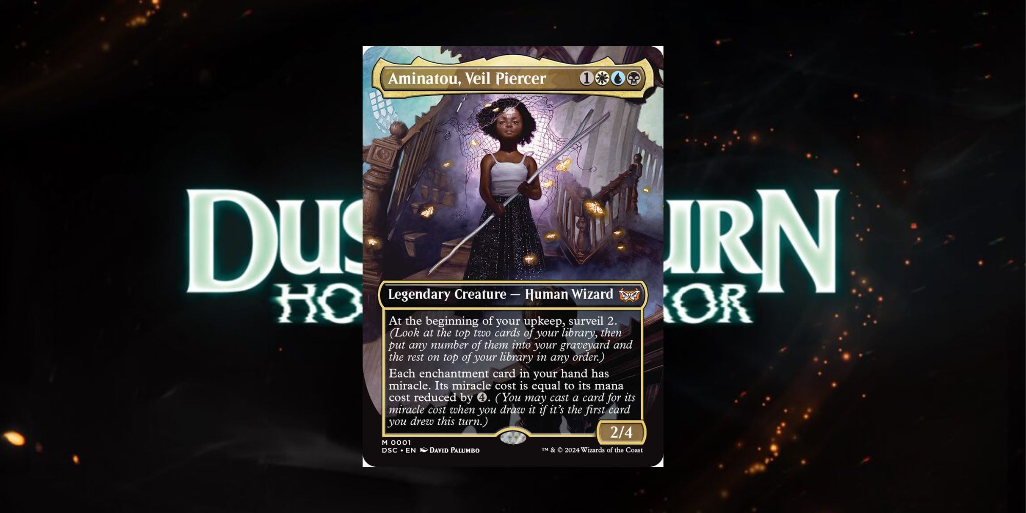 Aminatou, the Veil Piercer from Magic The Gathering's Duskmourn commander decks