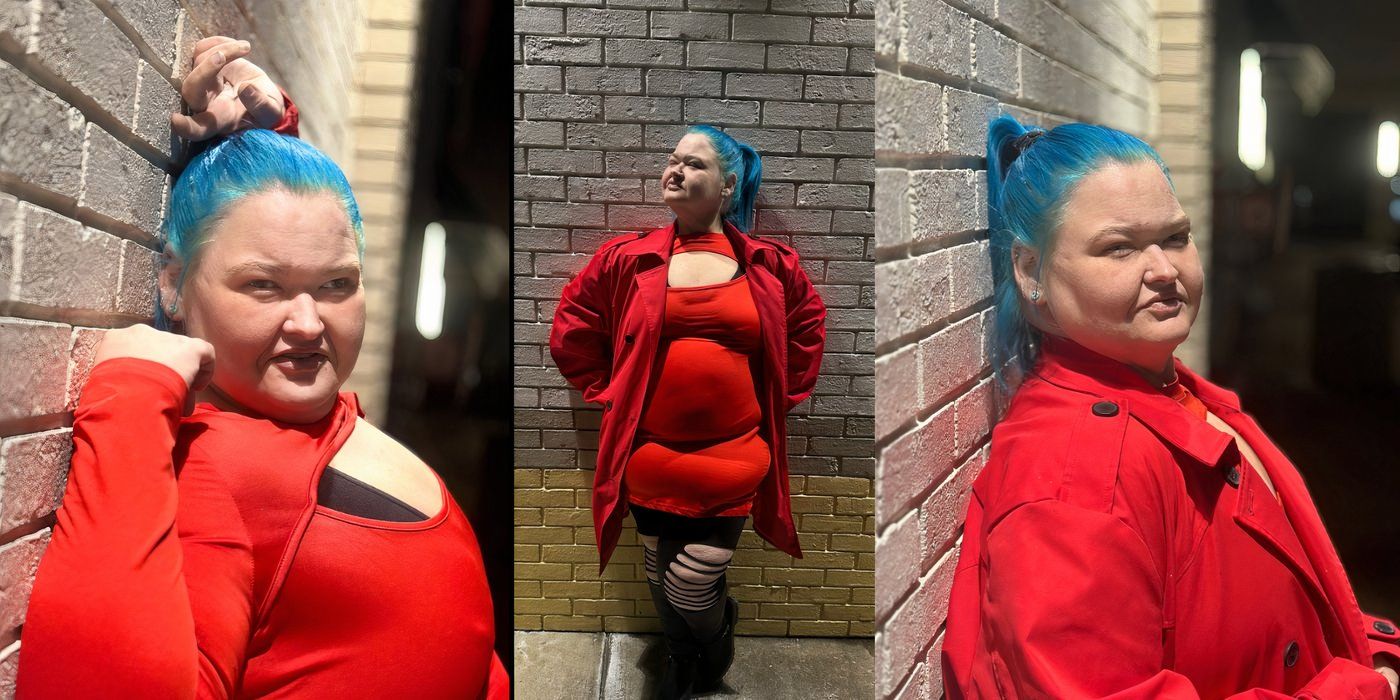 Amy Slaton de 1000 Pound Sisters con cabello azul y vestido rojo