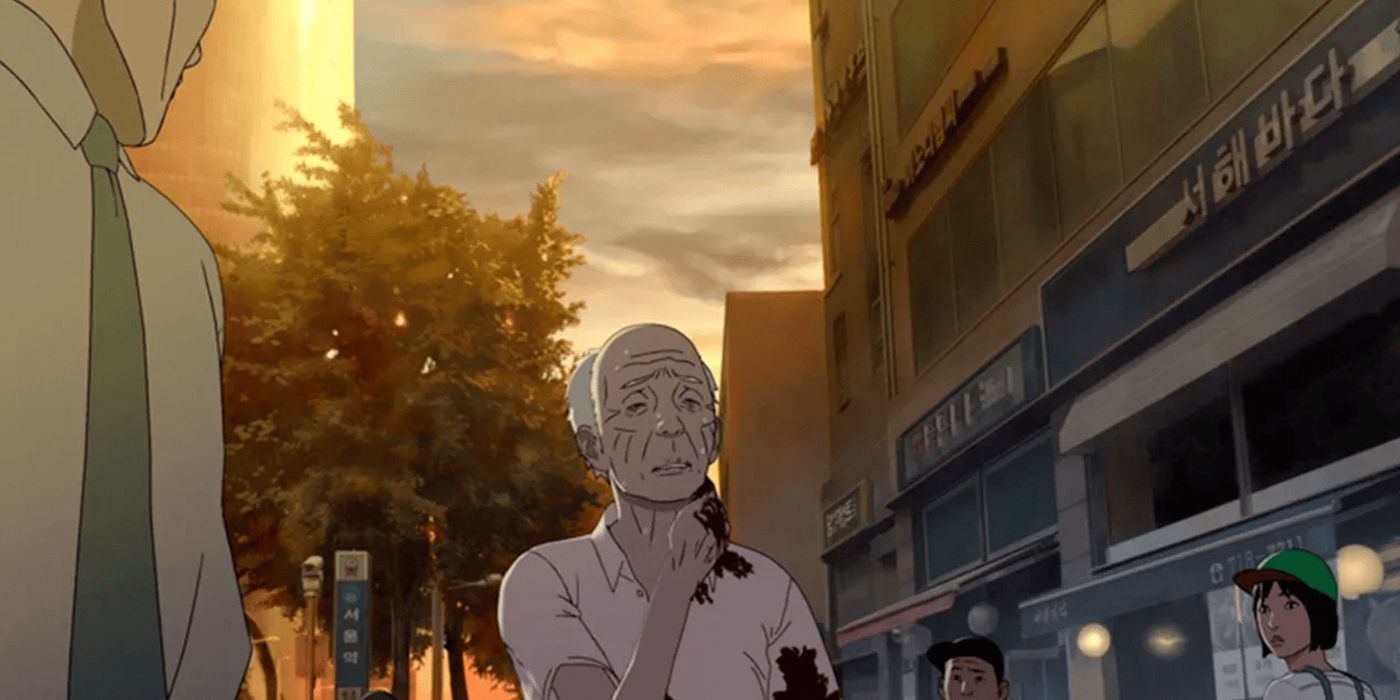 an old person in the street becoming a zombie in Seoul Station (2016)