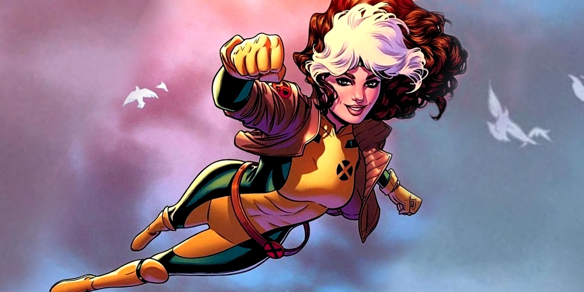 Anna Marie a.k.a. Rogue flying wearing her classic yellow and green costume in X-Men comics