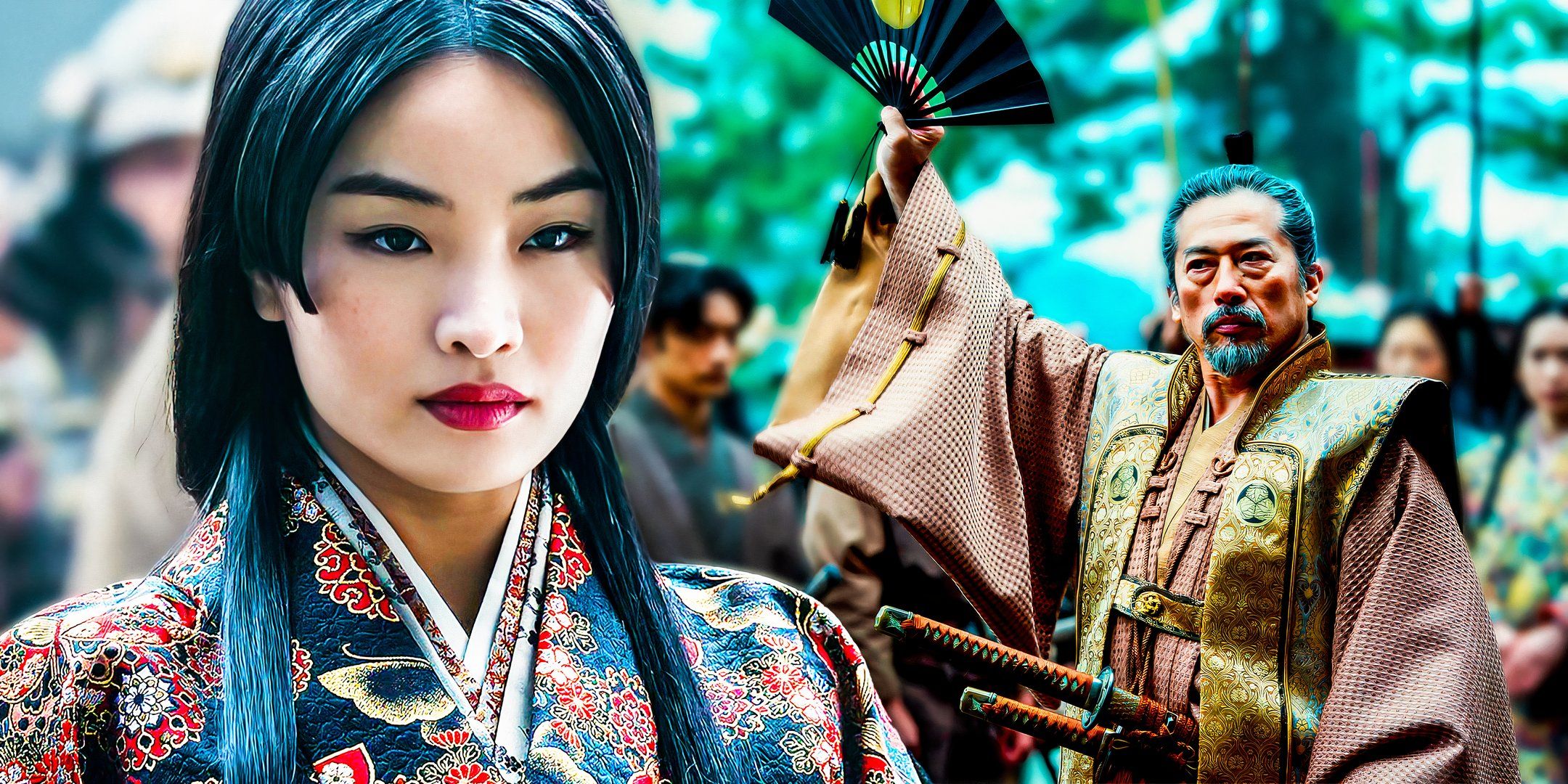 Anna Sawai as Toda Mariko and Hiroyuki Sanada as Yoshii Toranaga from Shogun