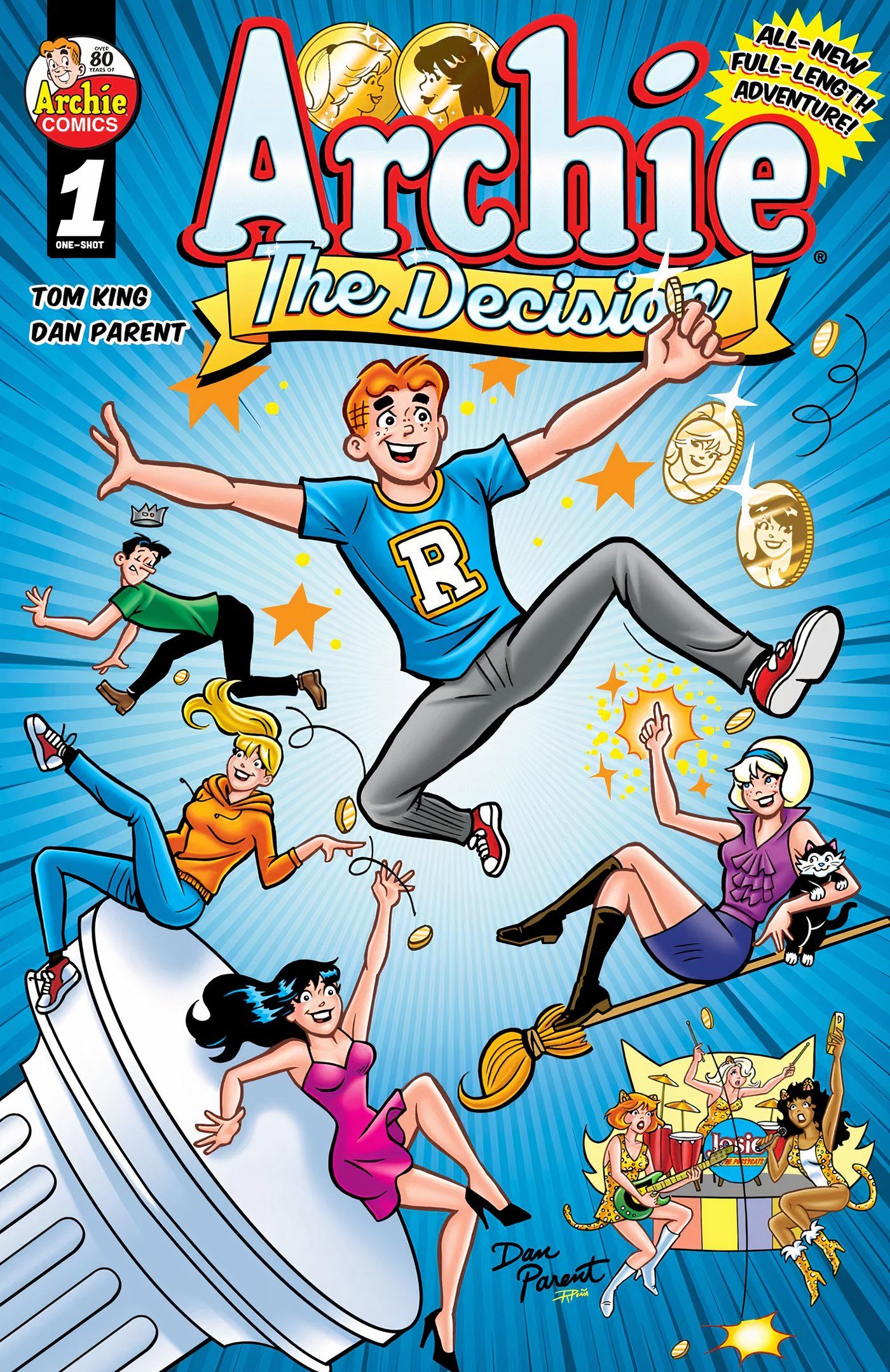 Archie, Jughead, Betty e Veronica saltam no ar enquanto moedas voam ao seu redor. Sabrina Spellman voa ao lado deles em sua vassoura, e Josie e as Pussycats estão ao fundo.