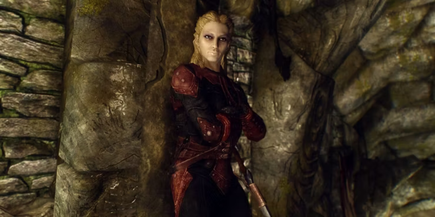 NPC named Astrid from the Dark Brotherhood, with her Blade Of Woe sheathed to her side in Skyrim.