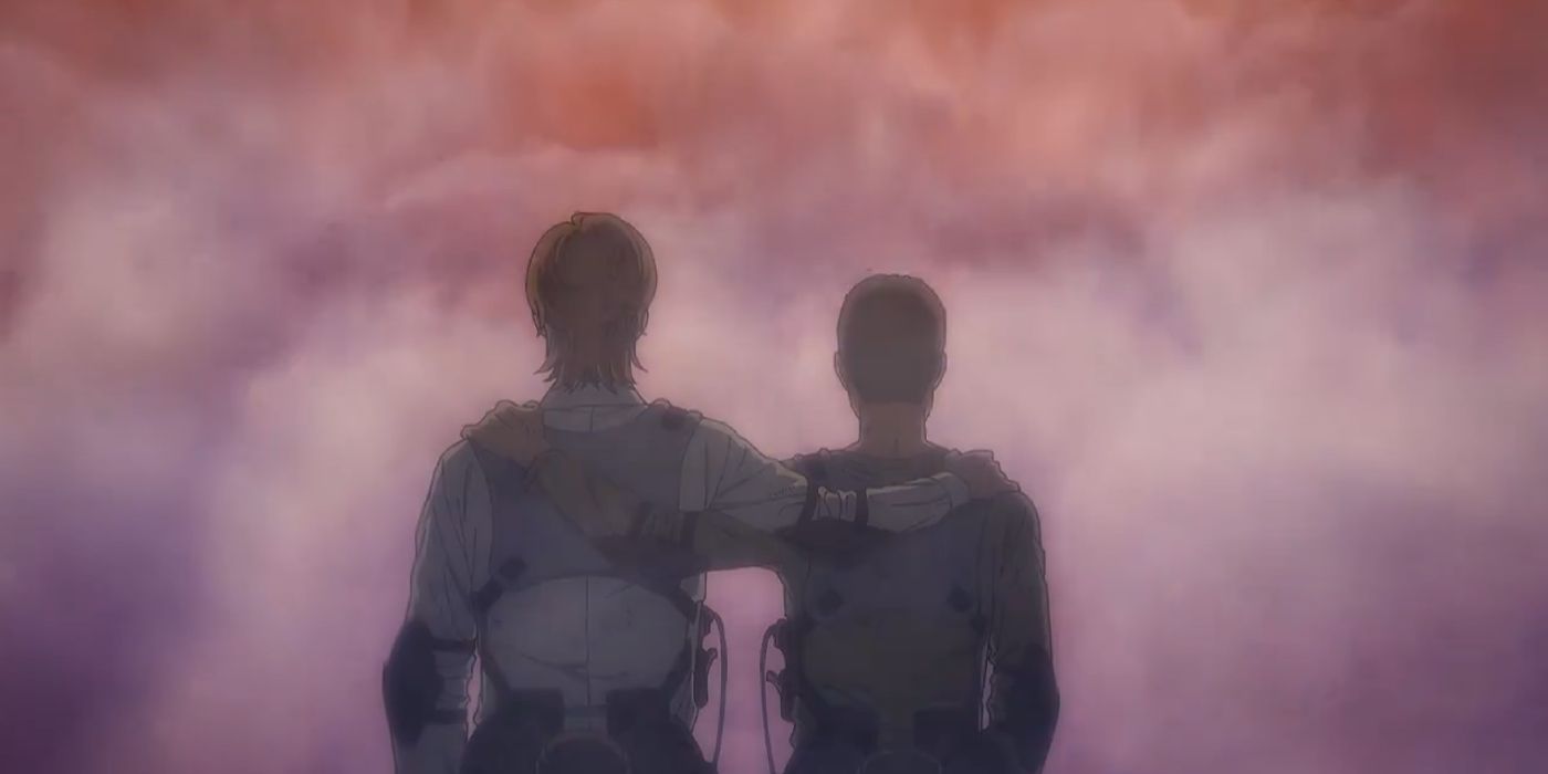 Attack On Titan's Jean and Connie supporting each other as they look on toward a cloud of smoke.