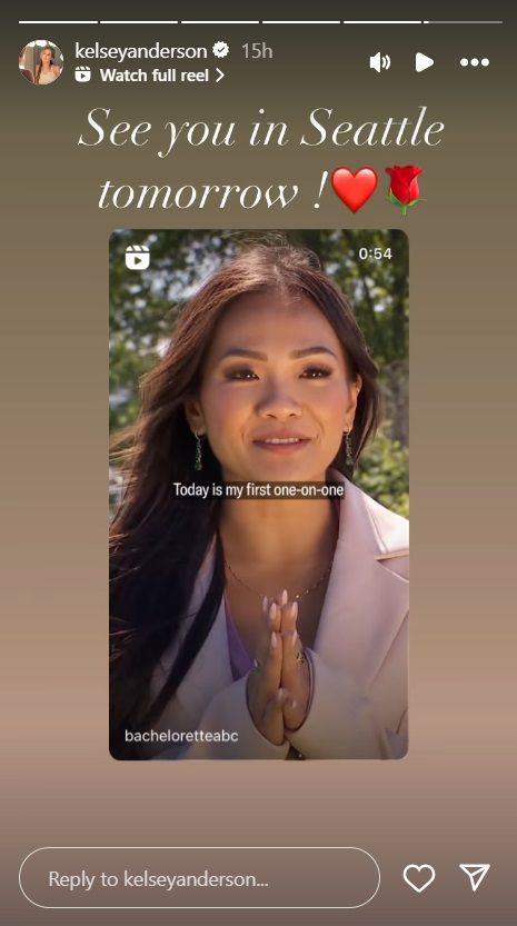 Kelsey Anderson's Instagram story of The Bachelorette preview featuring her, Jenn Tran, and Daisy Kent.