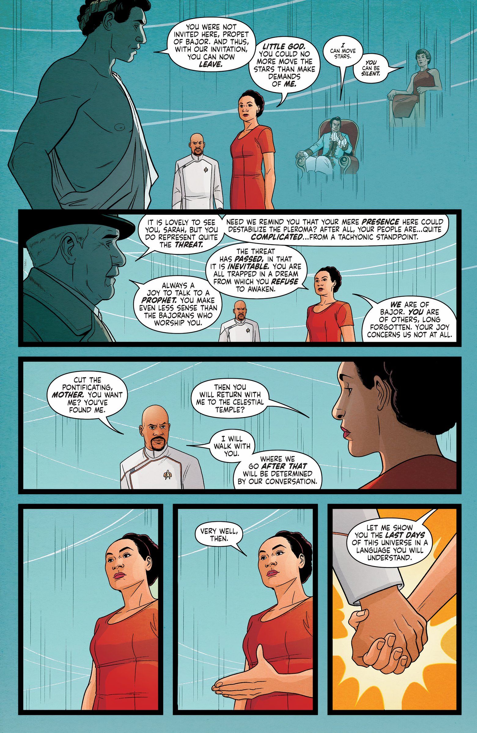 Six panels of Sarah Sisko addressing the Pleroma