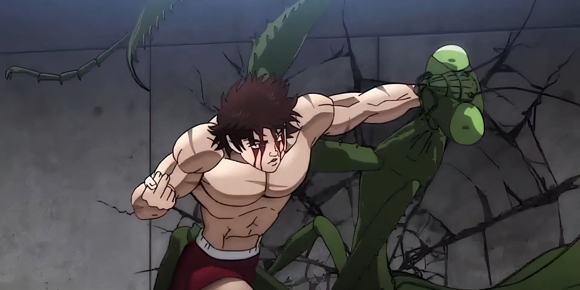 Baki Baki fights an imaginary praying mantis in his basement while Rumina watches