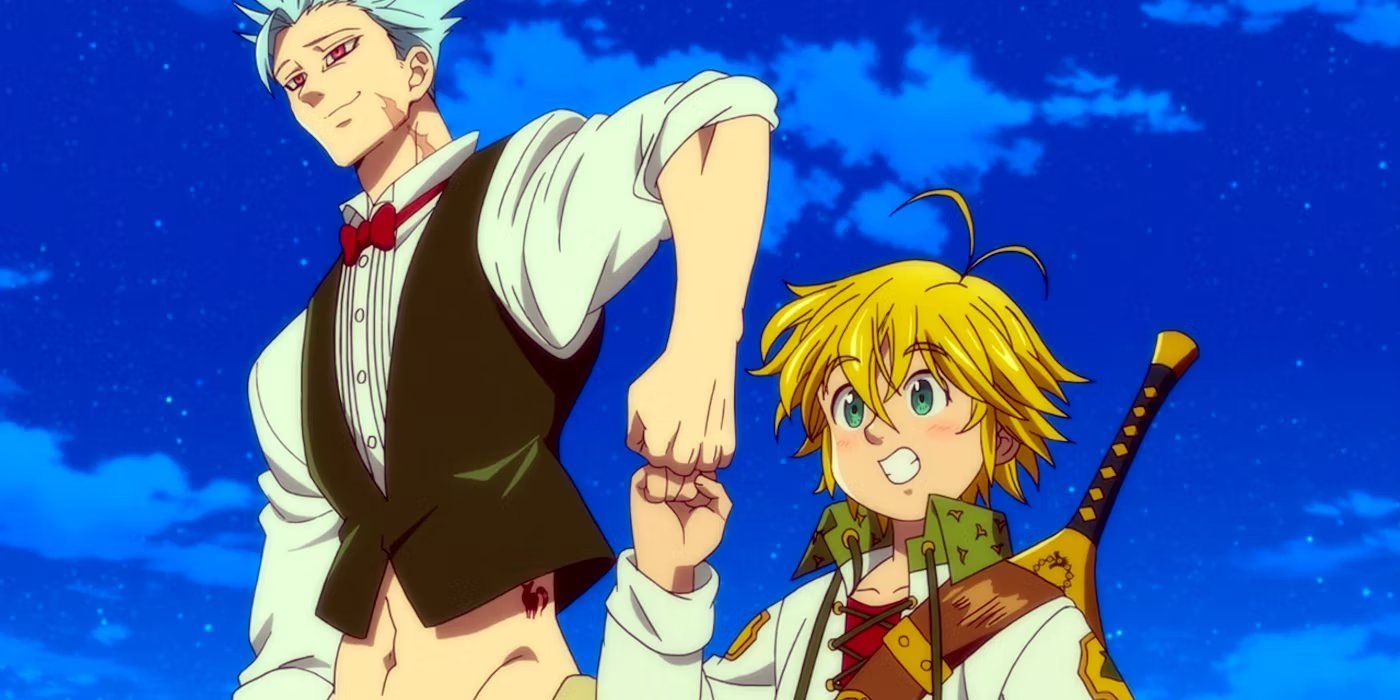 Ban e Meliodas se chocam enquanto ficam juntos e sorriem.