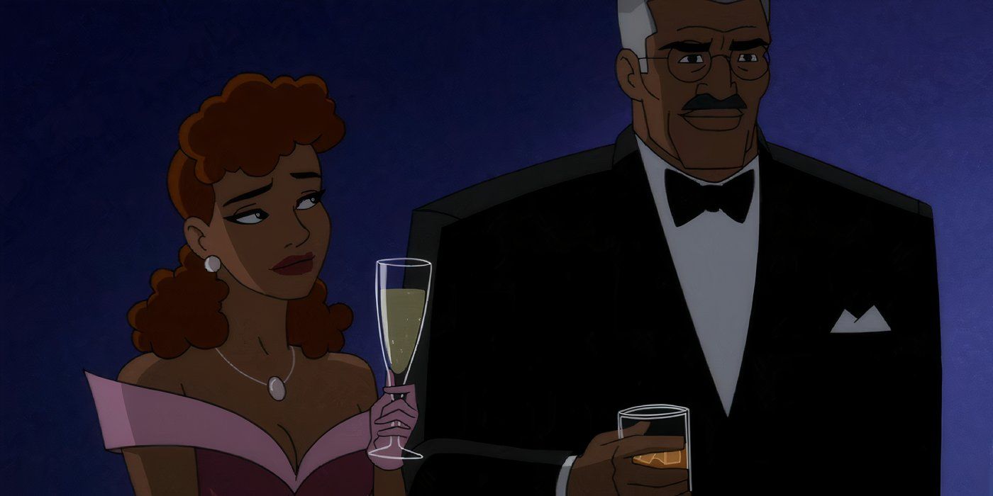 Barbara e James Gordon tomando uma bebida em Batman Caped Crusader